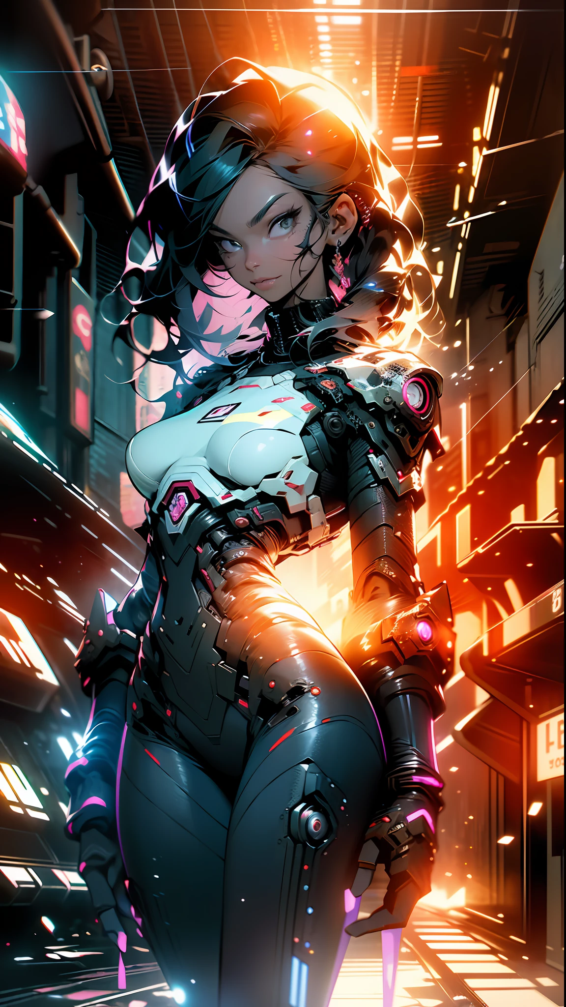 ((Best quality)), ((masterpiece)), (detailed: 1.4), 3D, an image of a beautiful cyberpunk woman Black hair with red locks, HDR (High Dynamic Range),Ray Tracing,NVIDIA RTX,Super-Resolution,Unreal 5,Subsurface dispersion, PBR texture, Post-processing, Anisotropic filtering, Depth of field, Maximum clarity and sharpness, Multilayer textures, Albedo and specular maps, Surface shading, Accurate simulation of light-material interaction, Perfect Proportions, Octane Render, Two-Tone Lighting, Wide Aperture, Low ISO, White Balance, Rule of Thirds, 8K RAW, crysisnanosuit, Action Pose, Full Body, Thighs Out, Neckline, Niji Stile