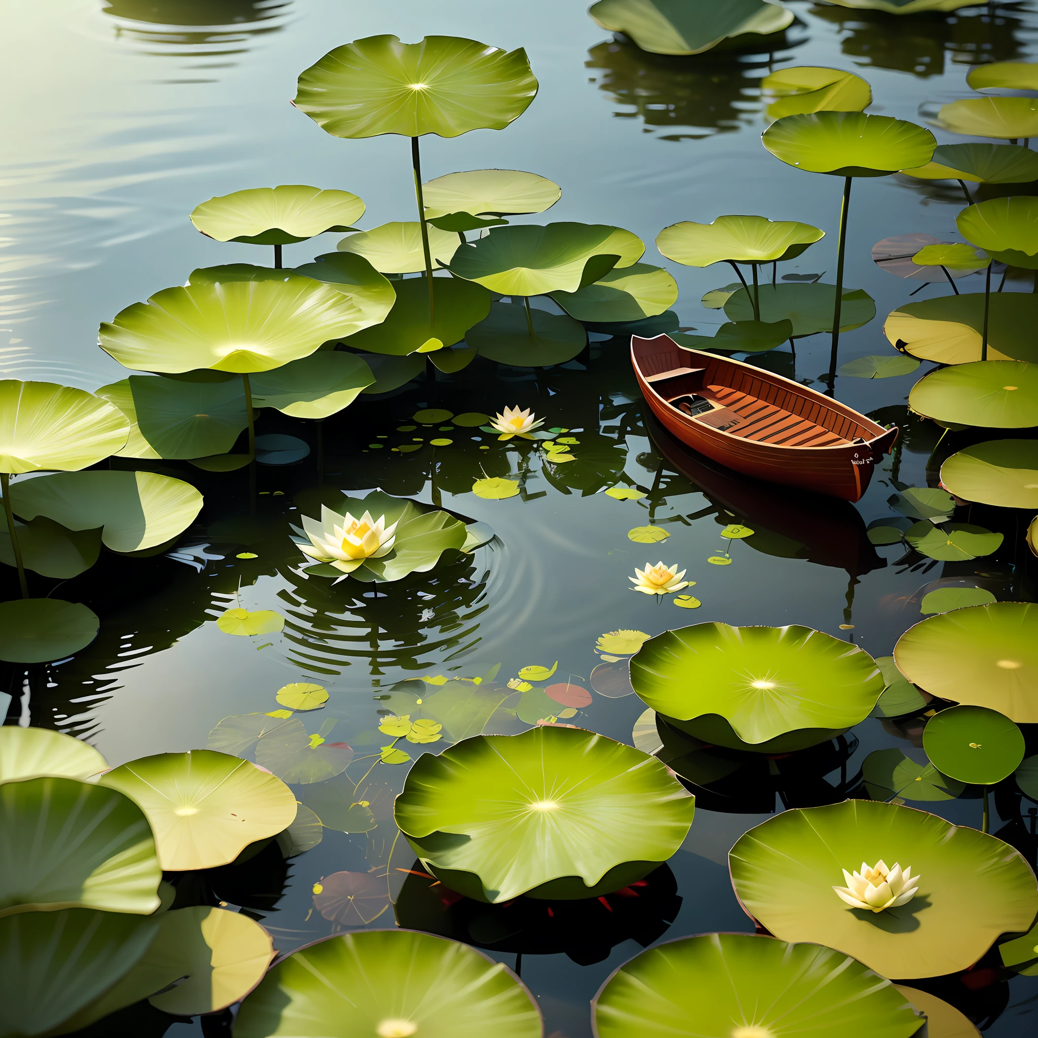 Wallpaper, summer pond, pond, boat, afternoon sun, surrounded by lotus leaves, pond background, depth of field, hot weather, high definition detail, wet watermark, ultra detail, movie, surreal, soft light, deep field focus bokeh, Ray Tracing, Diffuse (Extra Fine Glass Reflections), and Hyperrealism.