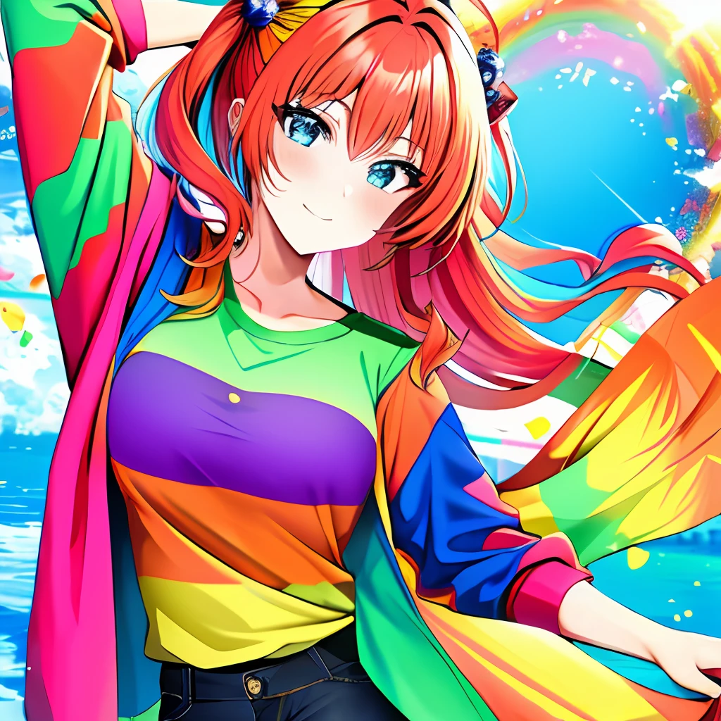 An anime girl. With various colors in the shirt.