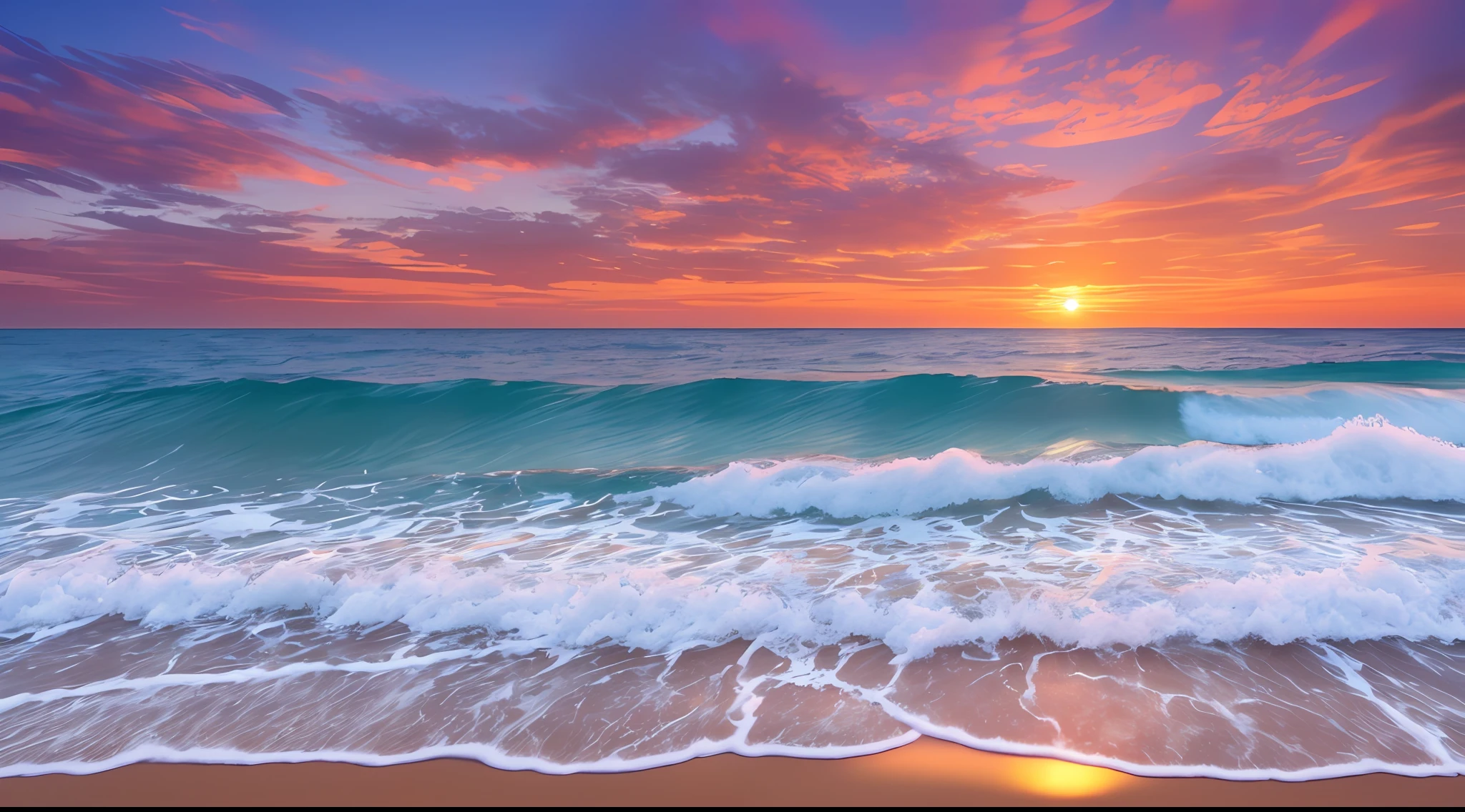 "Please generate a photo-realistic image that captures the beauty of a sunset on the horizon, as viewed from a beach. The goal is to create a picture that looks indistinguishable from a real photograph. Here are the detailed specifications:

Horizon and Sunset: The image should prominently feature a horizontal line representing the horizon, where the sky meets the ocean or beach. The sunset should be the focal point, with vibrant and warm colors that reflect the beauty of a setting sun. The hues of orange, red, and pink should blend seamlessly, creating a stunning and natural sunset gradient.

Beach View: The scene should be from the perspective of someone standing on the beach, looking out towards the ocean. The viewer should feel immersed in the environment, with the sand or pebbles visible in the foreground. Capture the sense of tranquility and relaxation associated with a beach setting.

Realism and Authenticity: Pay attention to the smallest details to make the image appear as realistic as possible. Consider the ripples on the water's surface, the subtle reflections of the sunset on the wet sand, and the way the waves gently break on the shore. These details contribute to the overall authenticity of the image.

Clouds and Sky: The sky should be a clear, deep blue, providing a vivid backdrop for the sunset. Include fluffy, white clouds scattered across the sky, adding depth and texture to the scene. The contrast between the colorful sunset and the blue sky, punctuated by the white clouds, will create a visually striking composition.

Composition: Aim for a visually pleasing composition that captures the beauty and serenity of the scene. Consider using the rule of thirds or leading lines to create balance and draw the viewer's eye towards the sunset. Experiment with different angles to find the most captivating perspective.

Please use the power of AI image generation to bring this prompt to life, creating a breathtaking photo-realistic image that embodies the me