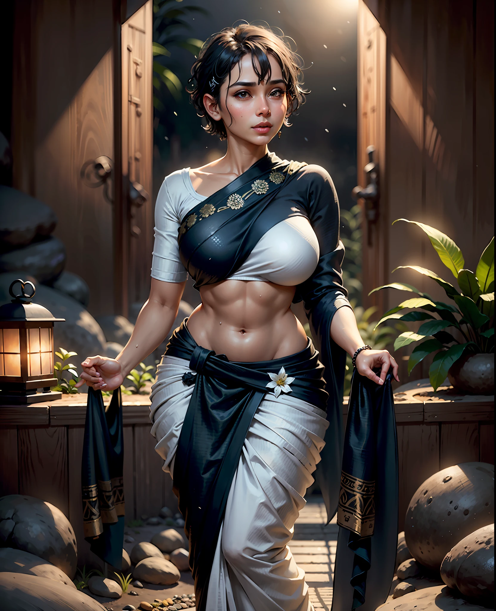 ((realistic face, crafty expression, young look)), (black wet sari), (gigantic breasts), (grey short hair), (20 years), (1 girl), (4k style), (Zen garden background)