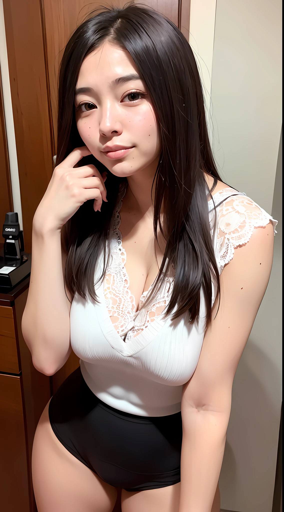 Top Quality, Ultra High Resolution, (Photorealistic: 1.4), 8K Resolution, 1 Girl, (Random Hair: 1.3), (Real Hair: 1.2), (Japan Girls: 1.2), (Realistic Eyes: 1.2), (Beautiful Face: 1.1), Slim Body, Radiant Skin, Cleavage, (Duck Face: 1.2), (Intermediate Angle: 1.3), (Selfie: 1.3),