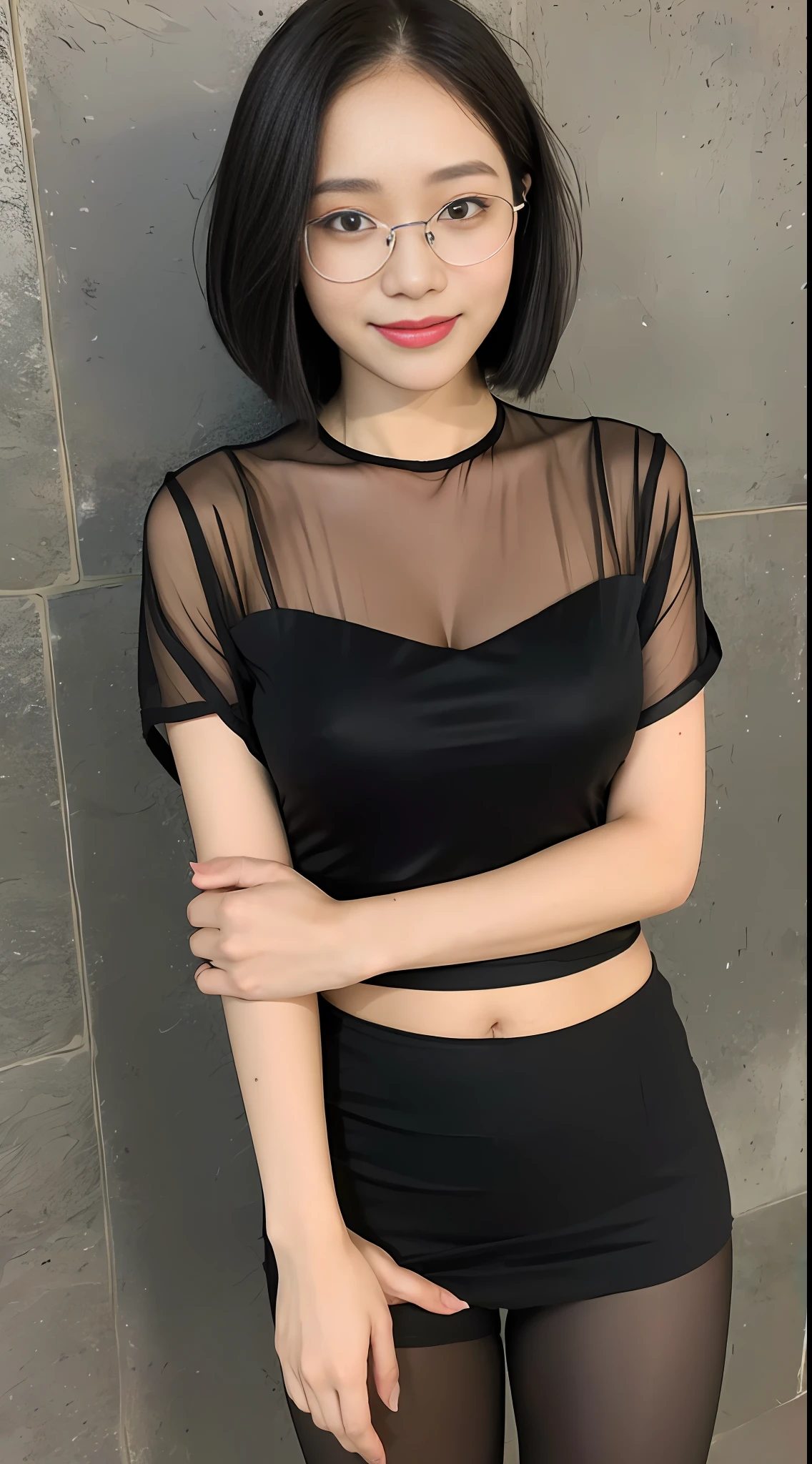 ((Top Quality, 8k, Masterpiece: 1.3)), Crisp Focus: 1.2, Beautiful Women with Perfect Figure: 1.4, Glamus Abs: 1.2, ((Layer-cut, Big: 1.2)), (Rain, Street: 1.2), Wet Body: 1.5, Highly Detailed Face and Skin Texture, Detailed Eyes, Double Eyelids, Very Short Hair, Studio, Pantyhose, Bitter Smile, Full Body Shooting, Rule of Thirds, Piercing in the shape of a moon, Plump , cross-eyed, bob cut, ear piercing, belly button piercing, thin transparent glasses, long legs, wet,