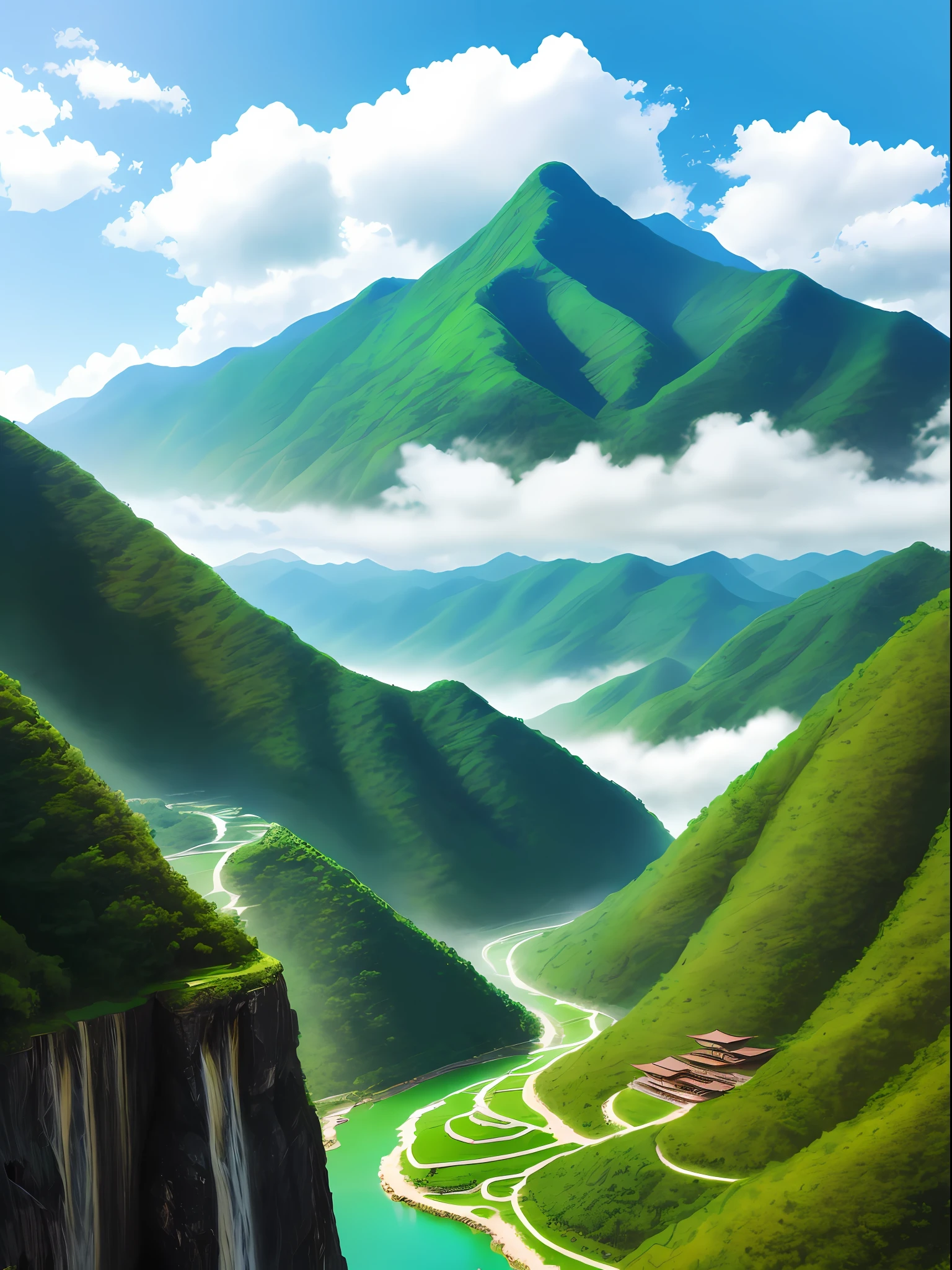 2~3 people with ideals layout design on site, in Yunnan, green mountains, green water, blue sky, white clouds
