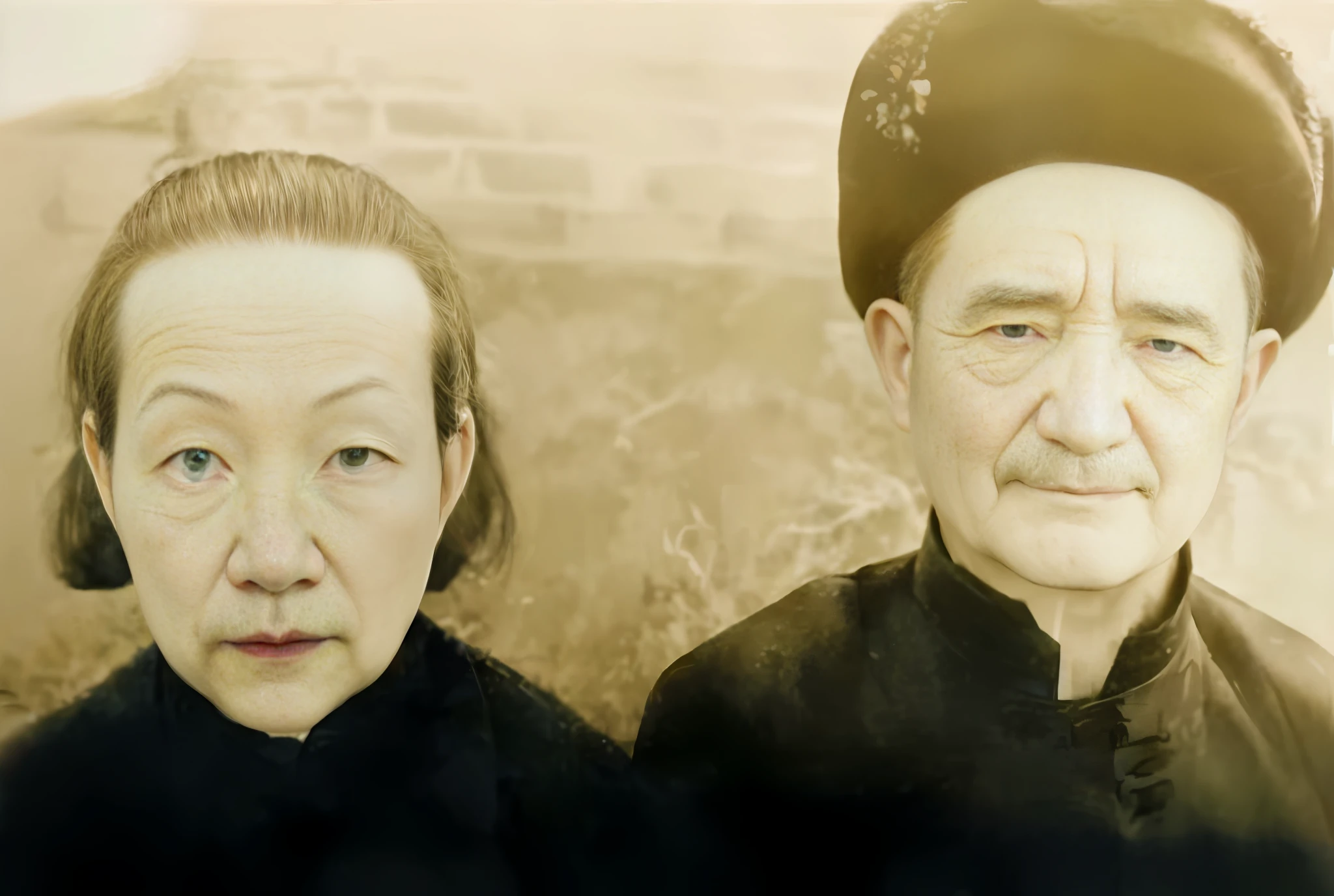 there are two people that are standing next to each other, ruan jia and fenghua zhong, inspired by Hu Zao, ren xun and maruyama ōkyo, two old people, portrait of two people, inspired by Liu Jue, cover photo portrait of du juan, inspired by Wang Duo, inspired by Gu Zhengyi, bo xun ling