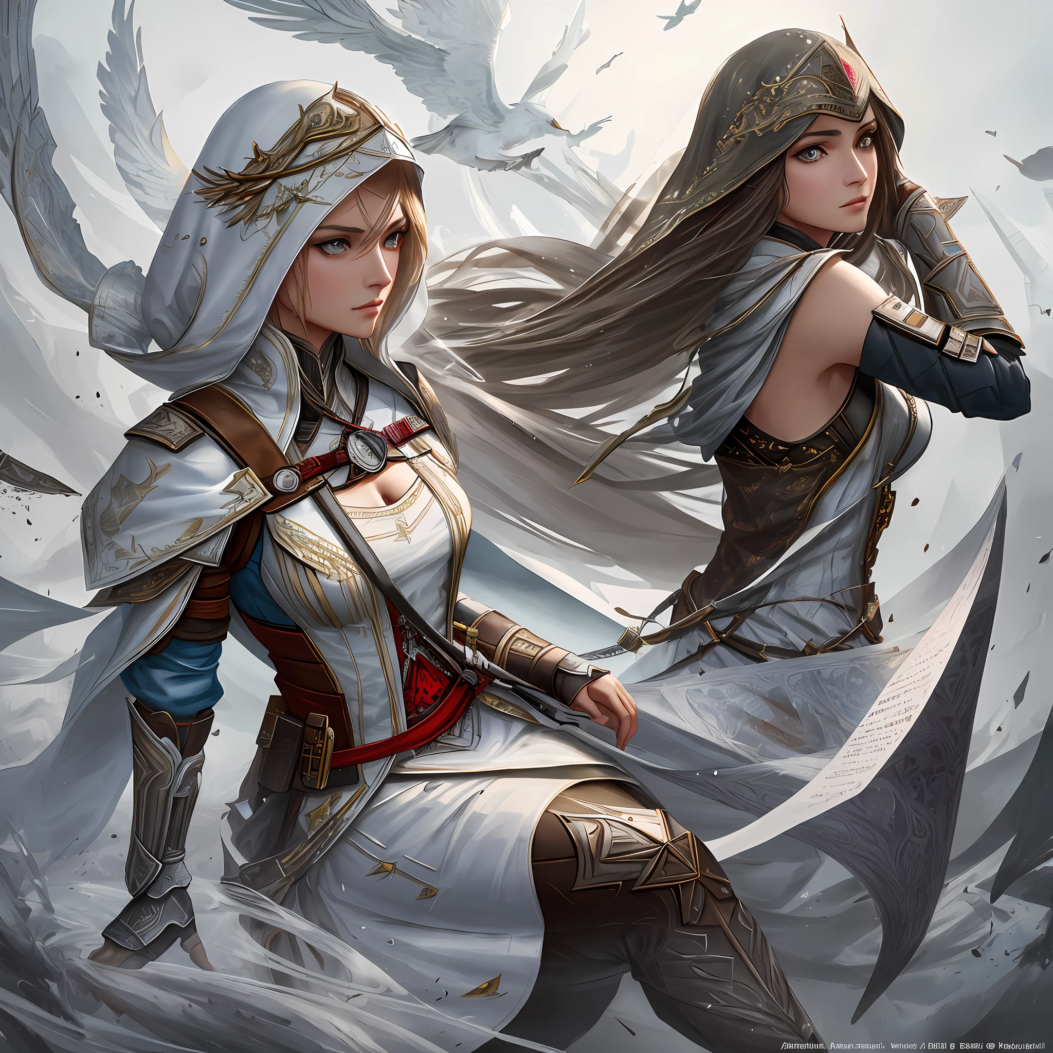 medium full shot female Altair from Assassin's Creed, detailed symmetric beautiful hazel eyes, detailed gorgeous face, dynamic pose, in the style of artists like Russ Mills, Darek Zabrocki, Ivan laliashvili, Jean-Baptiste Monge. Ink Dropped in water, splatter drippings, paper texture, pulp Manga, and perfect shading, with dramatic lighting. The artwork should be centered, stylized, and elaborate. TanvirTamim. rendered in 8K resolution for high-quality detail, artstation, concept art, smooth, sharp focus, illustration, highly detailed, soft natural volumetric cinematic perfect light, intricate artwork masterpiece