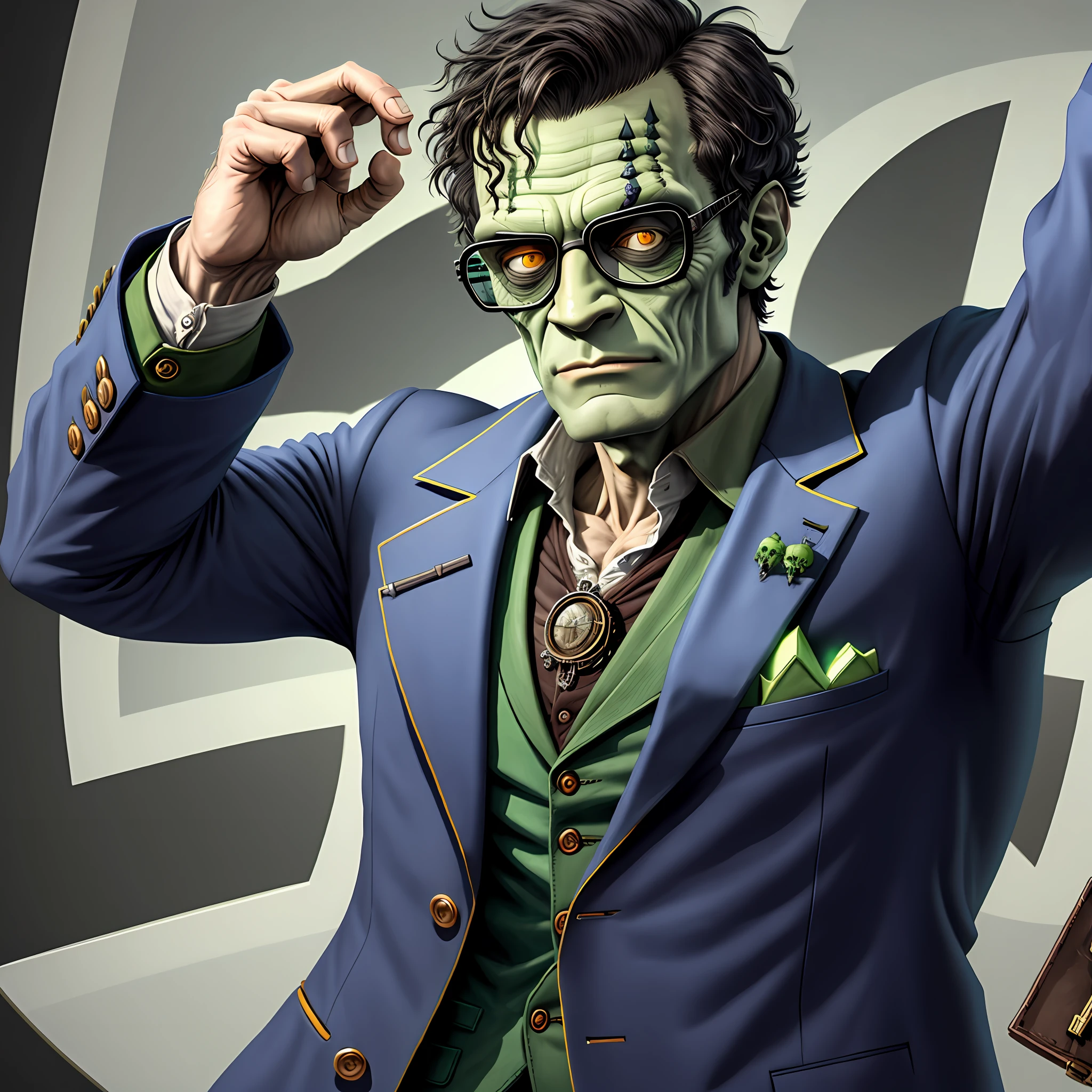 Frankenstein monster, glasses, holding cryptocurrencies, not duplicated