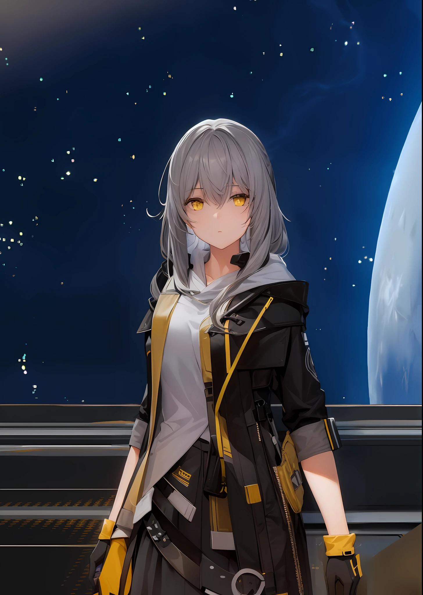 girl, (gray hair), ((calm look)), ((yellow eyes)), (big bust:1.2), wearing white shirt, simple shirt, black hooded jacket, black gloves, ((standing))