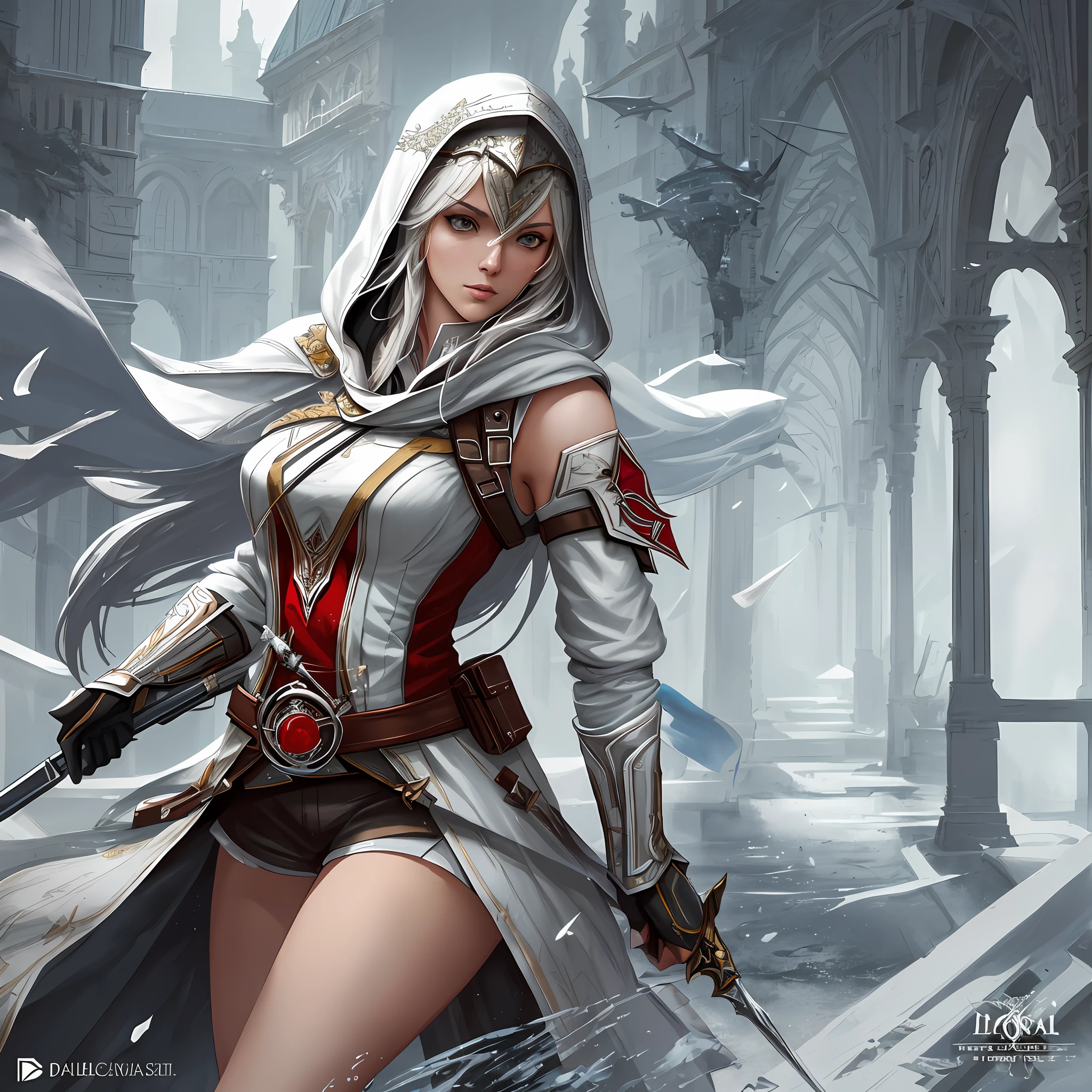 medium full shot female Altair from Assassin's Creed, detailed symmetric beautiful hazel eyes, detailed gorgeous face, dynamic pose, in the style of artists like Russ Mills, Darek Zabrocki, Ivan laliashvili, Jean-Baptiste Monge. Ink Dropped in water, splatter drippings, paper texture, pulp Manga, and perfect shading, with dramatic lighting. The artwork should be centered, stylized, and elaborate. TanvirTamim. rendered in 8K resolution for high-quality detail, artstation, concept art, smooth, sharp focus, illustration, highly detailed, soft natural volumetric cinematic perfect light, intricate artwork masterpiece