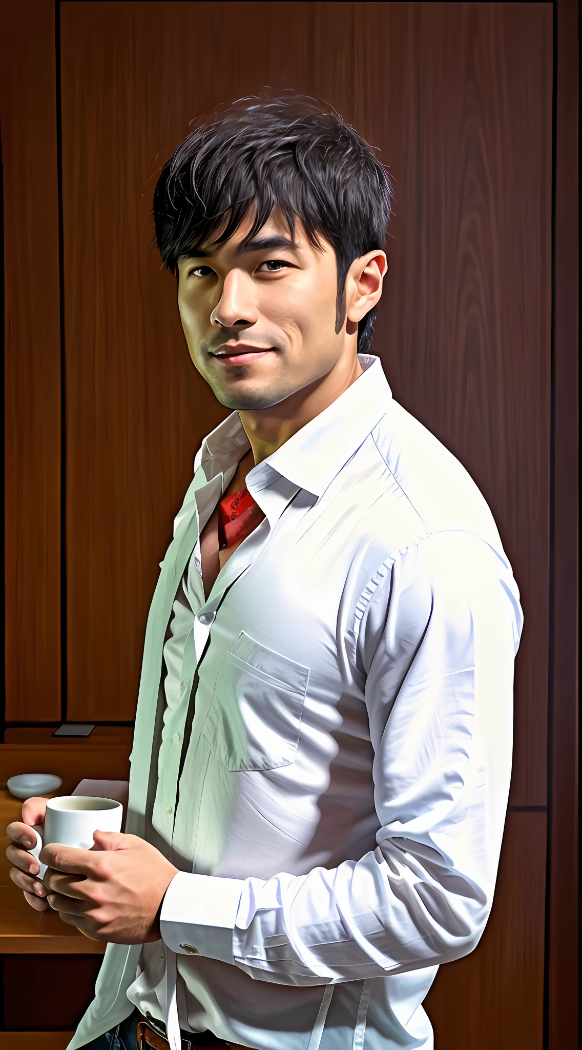 1man, a 30-year-old muscular man, wearing a long-sleeved white shirt and tie, drinking coffee, natural smile, soft lighting, masterpiece, best quality, 8k ultra HD, DSLR camera, film grain, Midjourney and greg rutkowski's Fujifilm XT3 realistic painting art