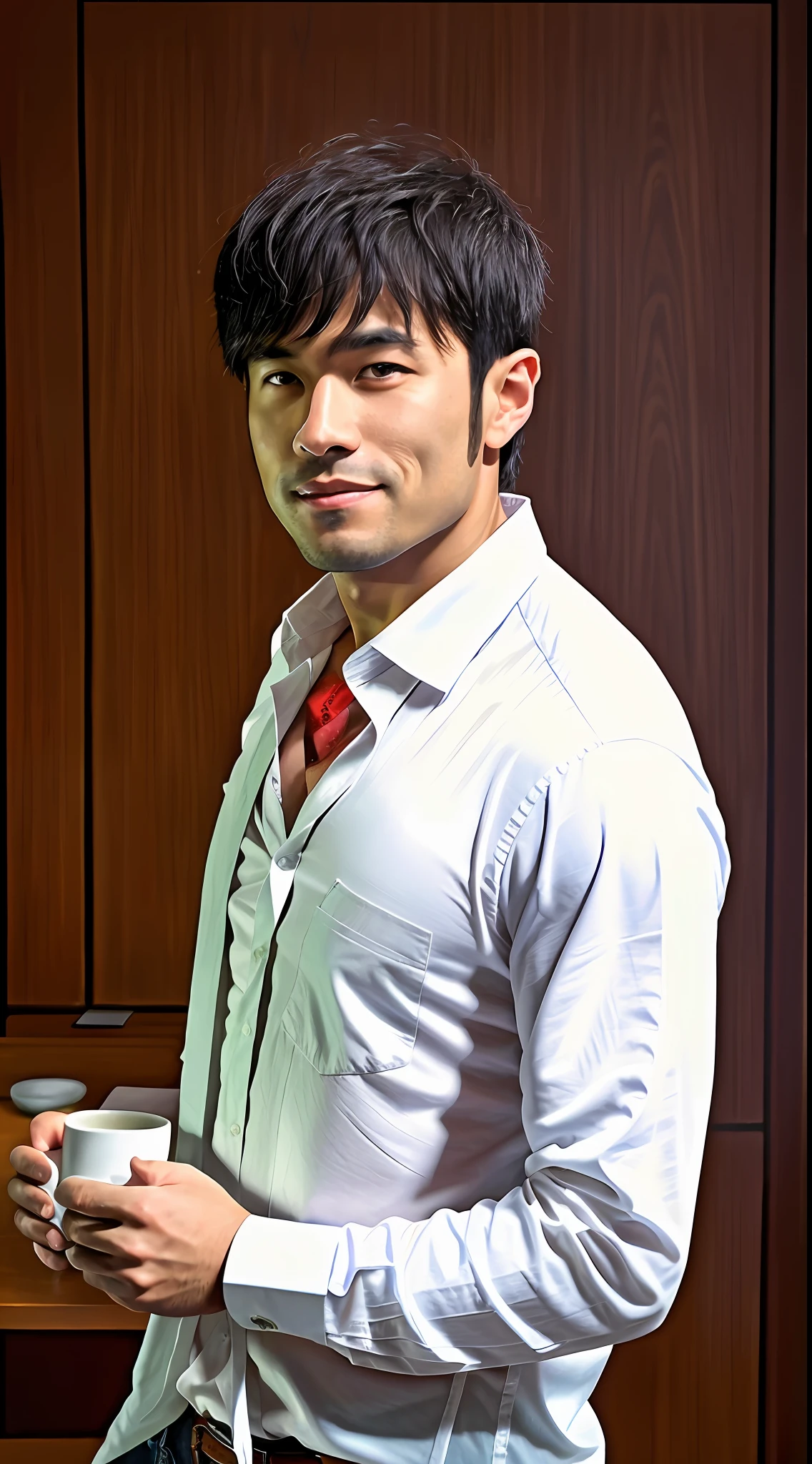 1man, a 30-year-old muscular man, wearing a long-sleeved white shirt and tie, drinking coffee, natural smile, soft lighting, masterpiece, best quality, 8k ultra HD, DSLR camera, film grain, Midjourney and greg rutkowski's Fujifilm XT3 realistic painting art