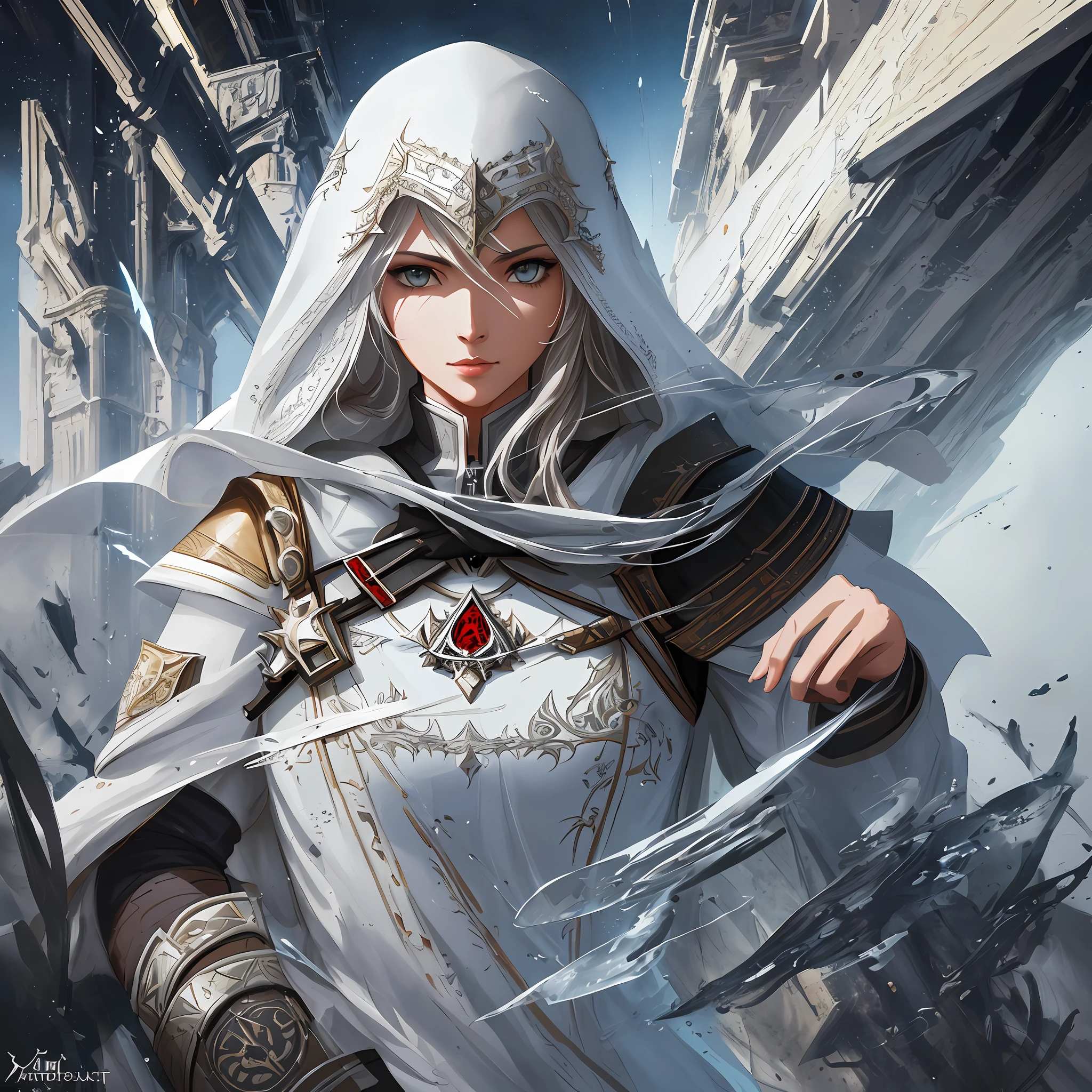 medium full shot female Altair from Assassin's Creed, detailed symmetric beautiful hazel eyes, detailed gorgeous face, dynamic pose, in the style of artists like Russ Mills, Darek Zabrocki, Ivan laliashvili, Jean-Baptiste Monge. Ink Dropped in water, splatter drippings, paper texture, pulp Manga, and perfect shading, with dramatic lighting. The artwork should be centered, stylized, and elaborate. TanvirTamim. rendered in 8K resolution for high-quality detail, artstation, concept art, smooth, sharp focus, illustration, highly detailed, soft natural volumetric cinematic perfect light, intricate artwork masterpiece