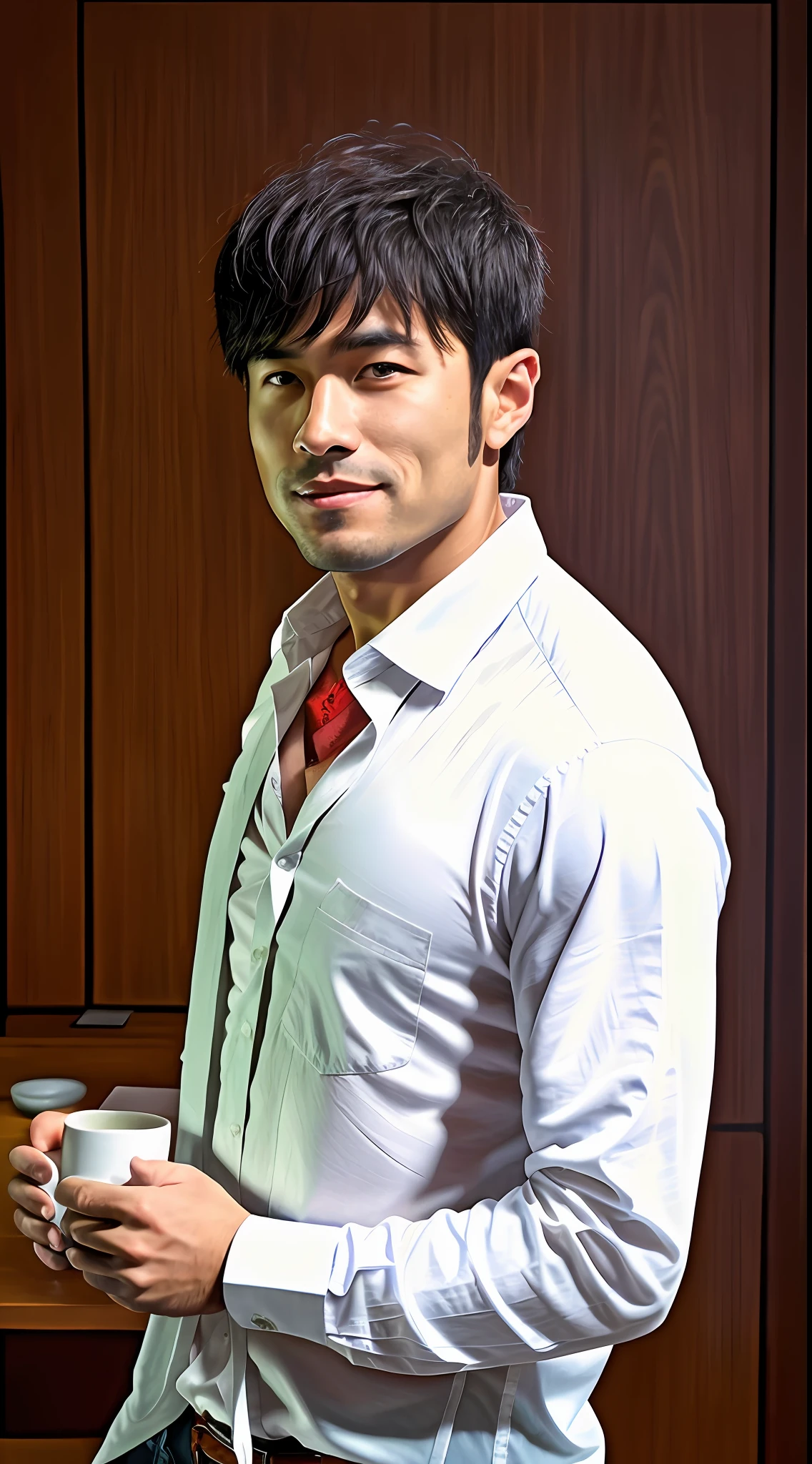 1man, a 30-year-old muscular man, wearing a long-sleeved white shirt and tie, drinking coffee, natural smile, soft lighting, masterpiece, best quality, 8k ultra HD, DSLR camera, film grain, Midjourney and greg rutkowski's Fujifilm XT3 realistic painting art