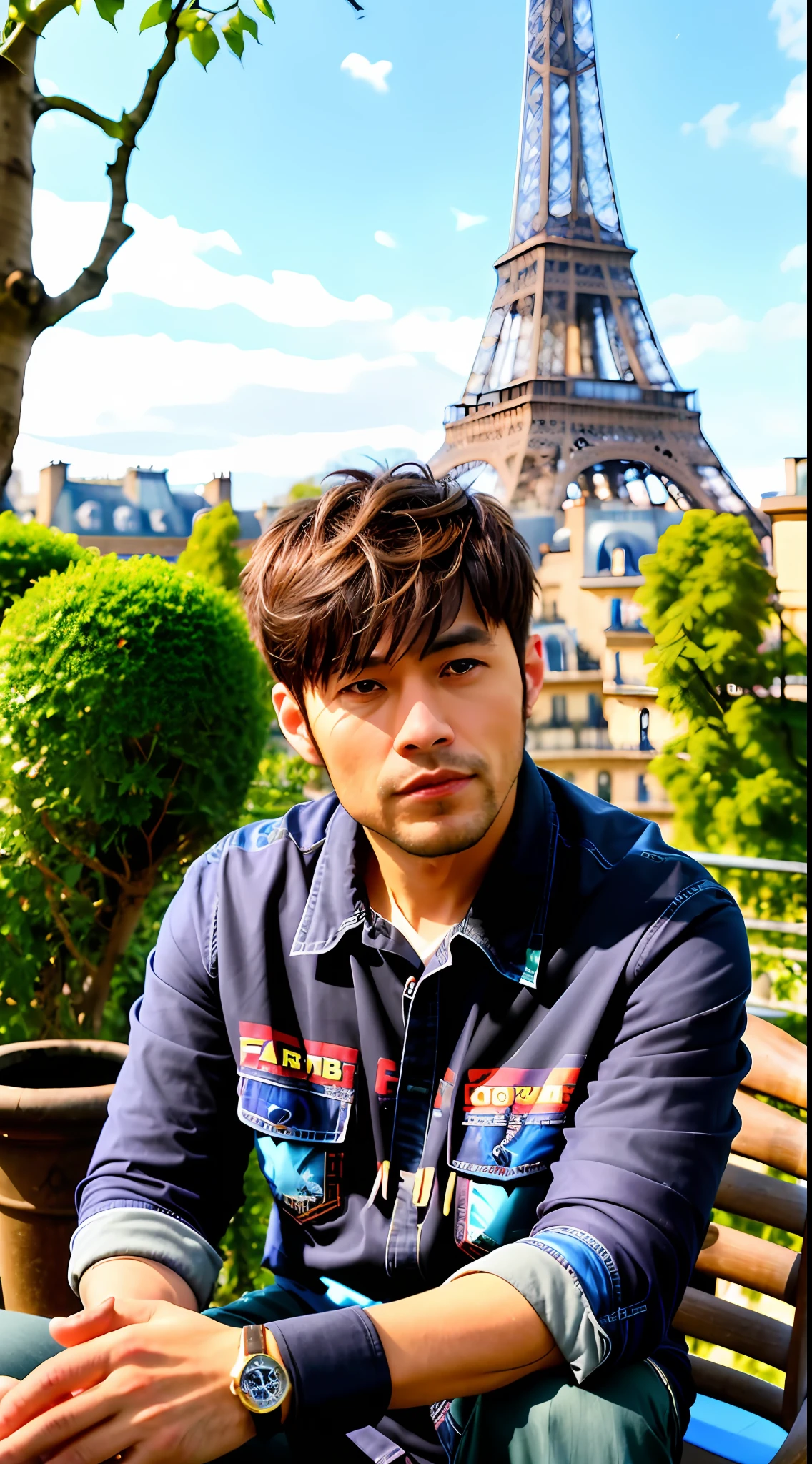 a man, 30 year old, (short hair), black eyes, sitting outside at a Paris caf, eiffel tower in background, intricate details, highly detailed, sharp focus, professional, 4k, spring flowers blooming, highres, detailed facial features, sharp focus, extremely detailed, photo_\(ultra\), photorealistic, max detail, real life, ultra realistic, photography, 8k uhd,