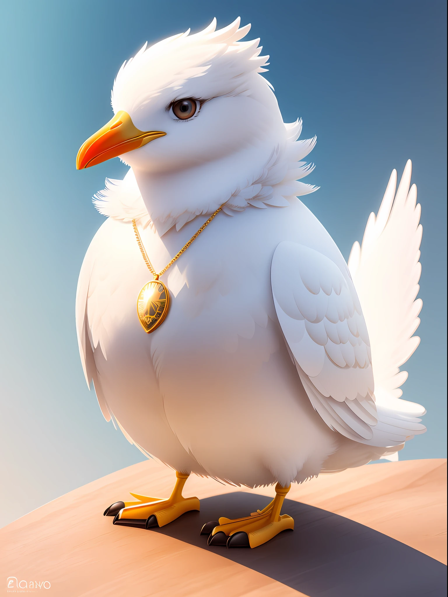 Hyper-realistic white seagull, gradient golden feathers, wearing a necklace, cute and fluffy, logo design, cartoon, cinematic lighting effects, charming, 3D vector art, cute quirky, fantasy art, background bokeh, hand drawn, digital painting, soft lighting, isometric style, 4K resolution, realistic rendering, highly detailed clean, vector images, realistic masterpieces, professional photography, simple spatial background, flat white background, isometric, vibrant vector
