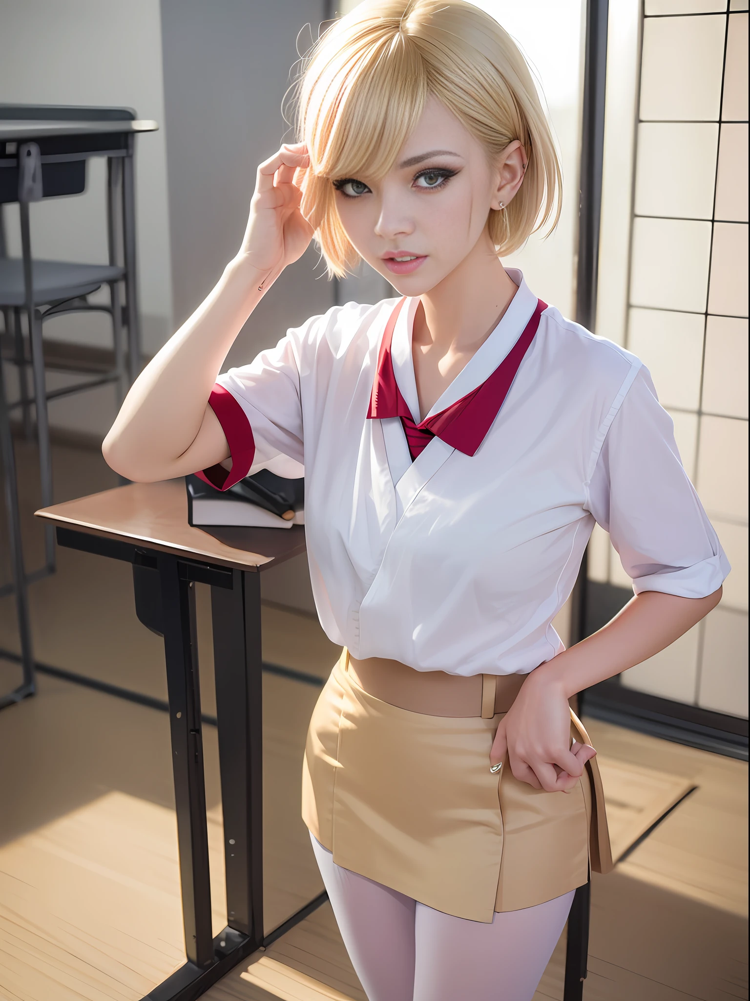 1girl, (8k, RAW photo, best quality, masterpiece:1.2), (realistic, realistic:1.37), solo, super detailed, white pantyhose, long shot, beautiful background, japanese school uniform, full body, realistic eye and face details, natural skin texture, whole body, (going to school: 1.4), sneakers, detailed face, cinematic lighting, realism, realistic background, realistic lighting, angular beauty, thin ankles,school background, gyaru, athletic club, short hair, blonde dye, perfect body proportions, domineering pose, angry expression, Earrings, sexy makeup