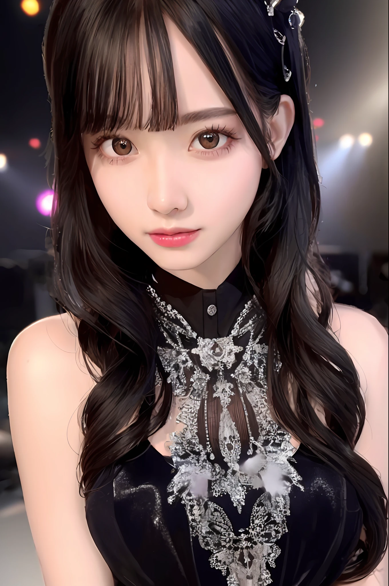 best quality, ultra high res, (photorealistic:1.4), sexy, beautiful face, detailed eyes, 
dressed-up, beautiful dress, stage, stage lights, audience,