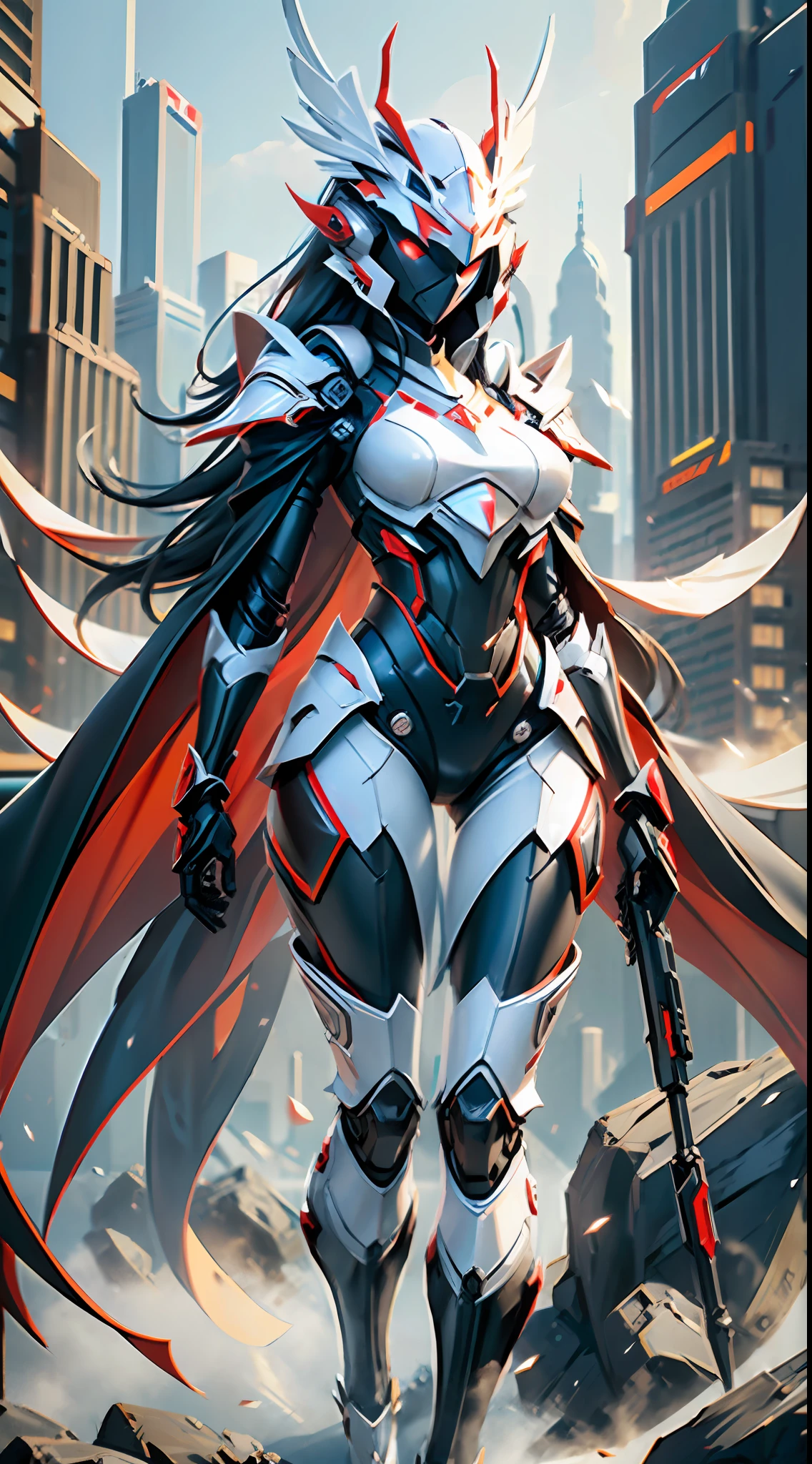 (((tall young Asian woman with perfect body proportions))), textured skin, surrealism, cubist futurism, V-shaped helmet covering face, melon seed face, black black and red cruel Valkyrie mech suit, white messy long hair, red glowing eyes, gun action, tattered red knight long cloak unfolded, mechanical Chinese dragon in background, ultra high definition, panorama, chiaroscuro, cinematic lighting, ray tracing, character diagram, f/1.8, Sony FE, best quality, high resolution.