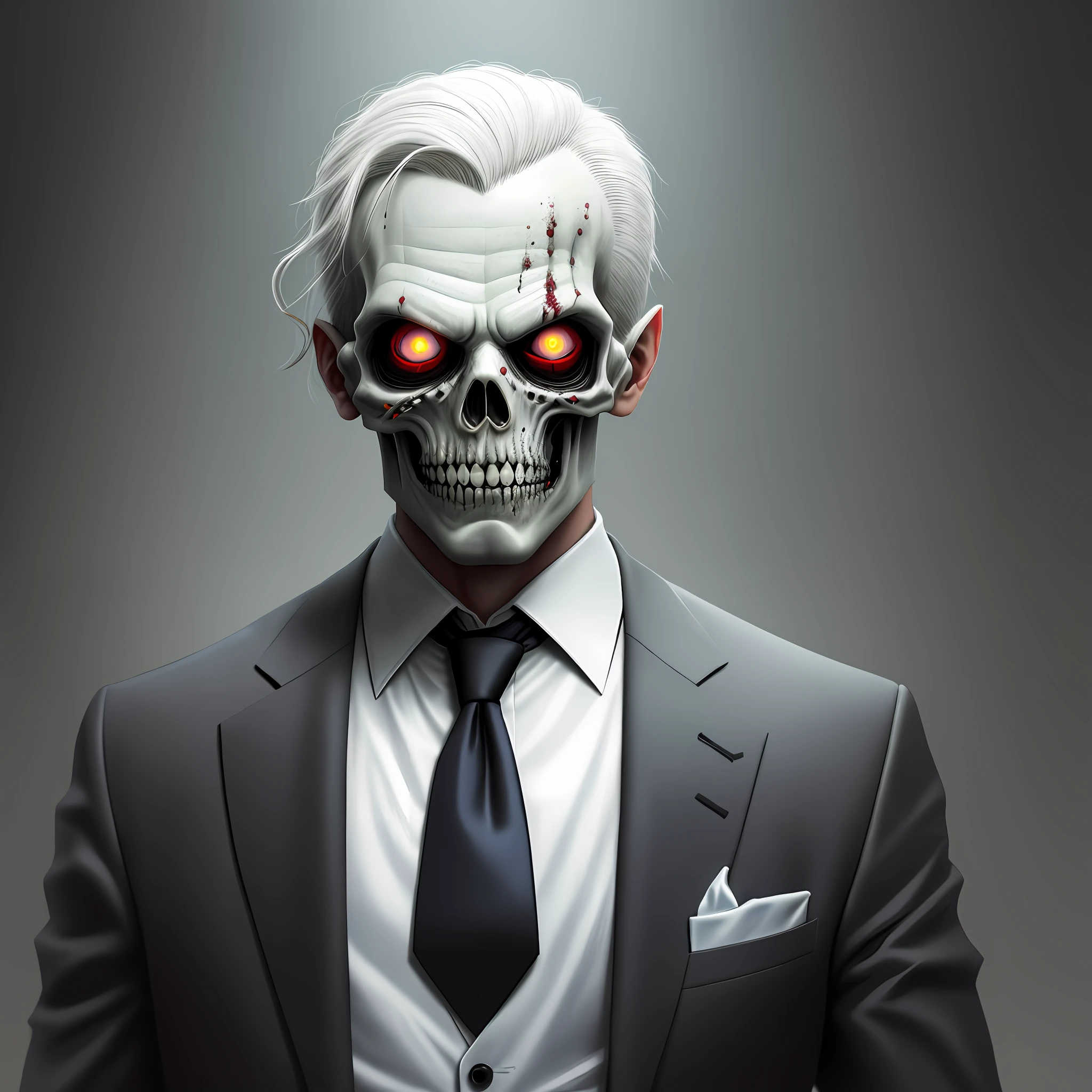 There's a man in a suit and tie with a zombie face, a white-eyed zombie, a portrait of a zombie, undead. Highly detailed, zombie in horror concept art, portrait of a necromancer, evil zombie, facial features of the undead, undead, cyborg zombie, skeleton in a suit, portrait of the necromancer, dark but detailed digital art, and sitting in a horror chair.
