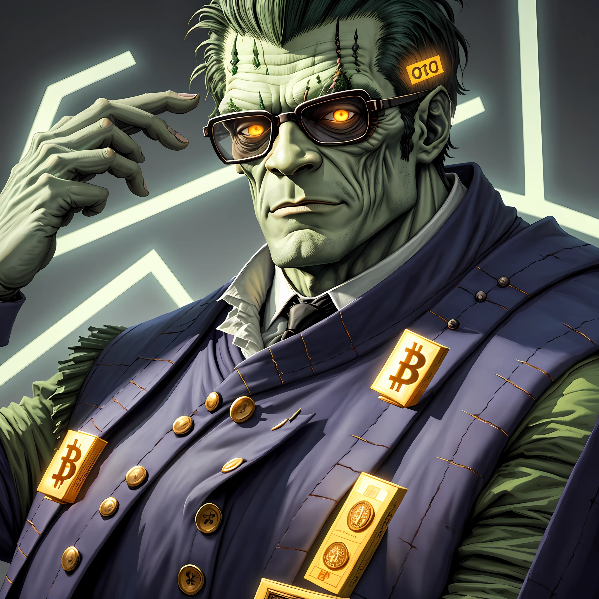 Frankenstein monster, glasses, holding Bitcoin, not duplicated