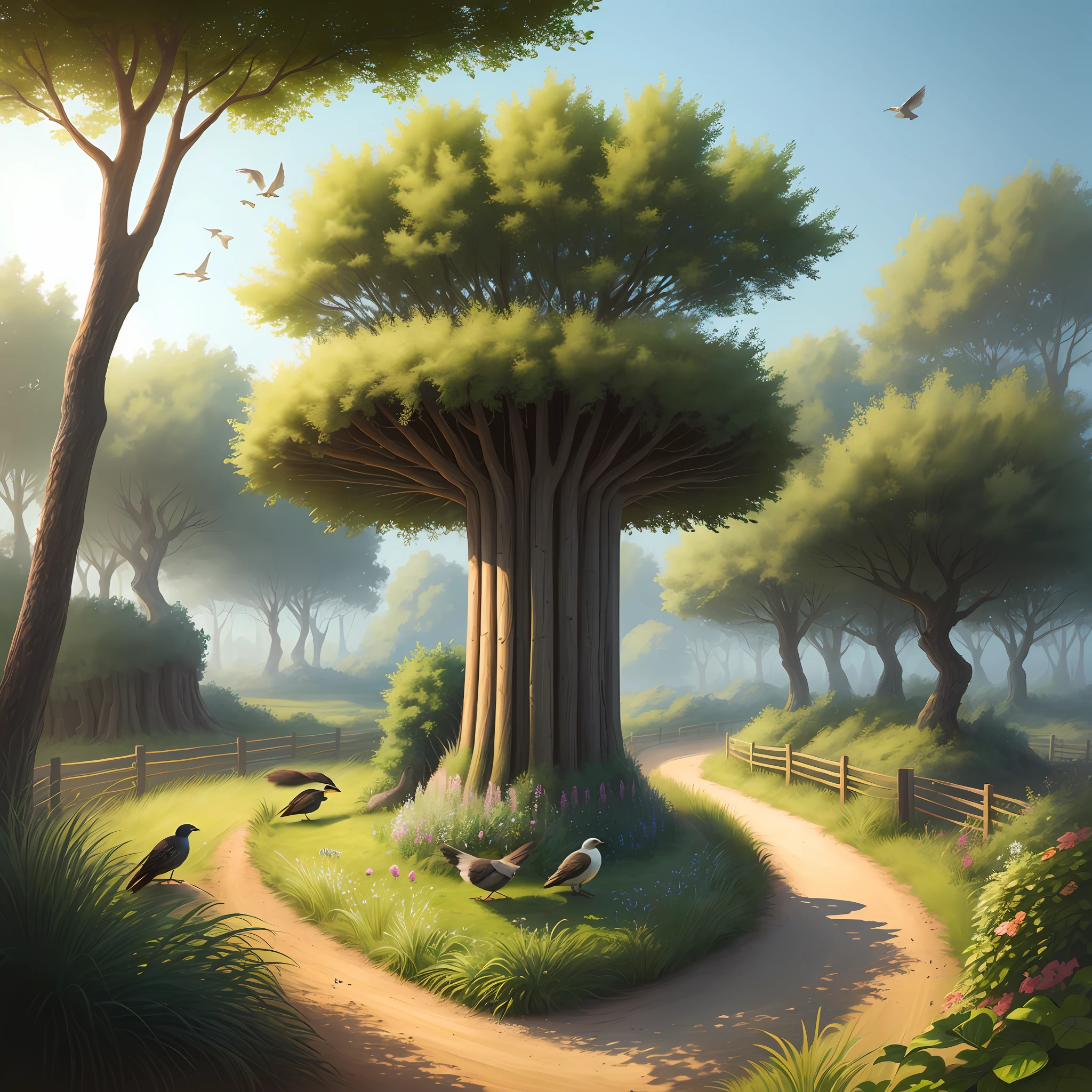 A fenced nature reserve with many birds, animals and plants in a hyperealistic style;