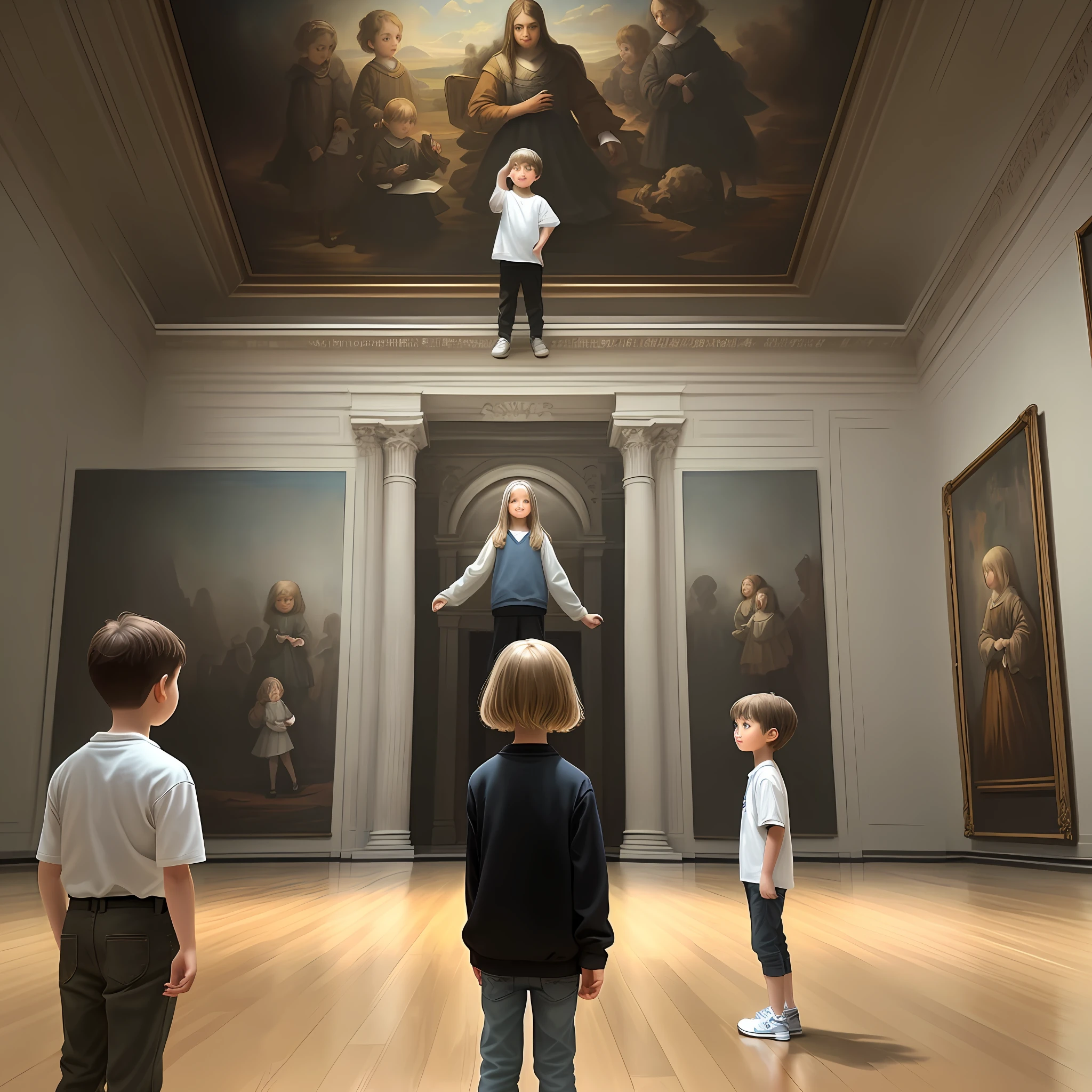 Help me to draw a scene depicting five children in a spacious art museum, standing in front of a huge rectangular oil painting.