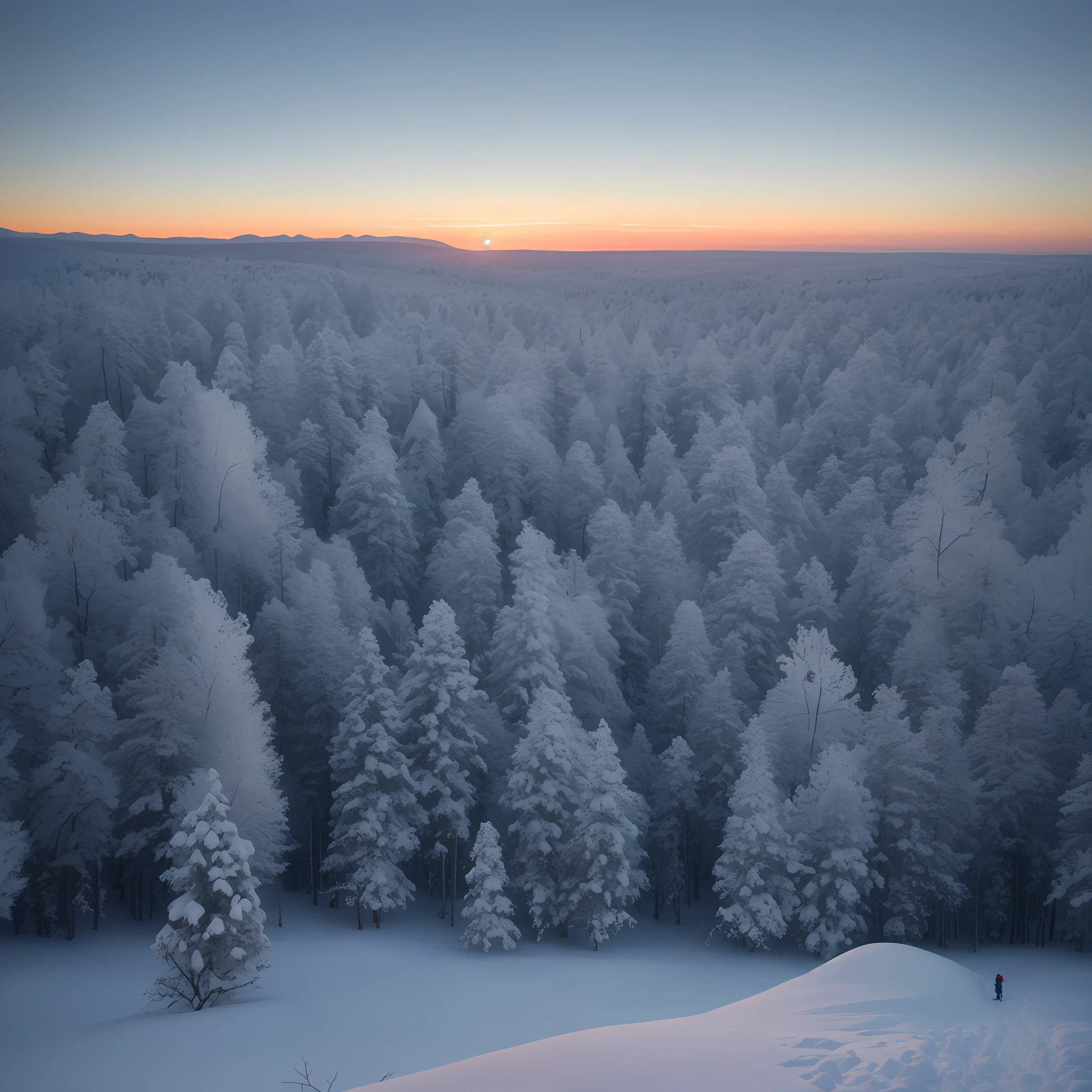 arafed view of a snow covered forest with a person on skis, winter forest, snowy canyon at dawn, snow forest, snowy forest, soft light of winter, lush winter forest landscape, taiga landscape, cold sunset, snowy hill at sunrise, boreal forest, winter, winter atmosphere, in an arctic forest, glowing snow, overlooking a vast serene forest
