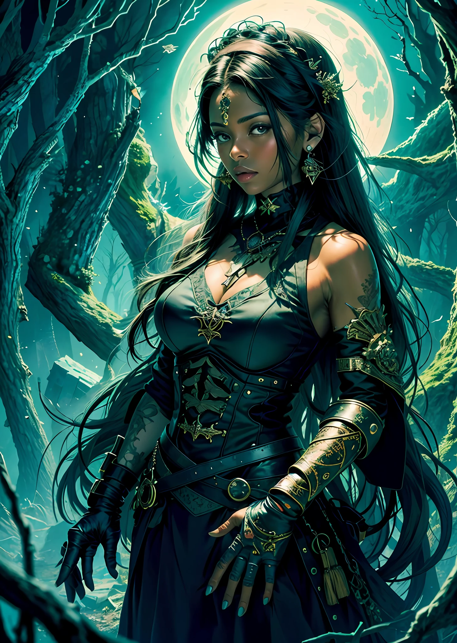 fix background with trees, fix her hand, pretty dark skinned woman face