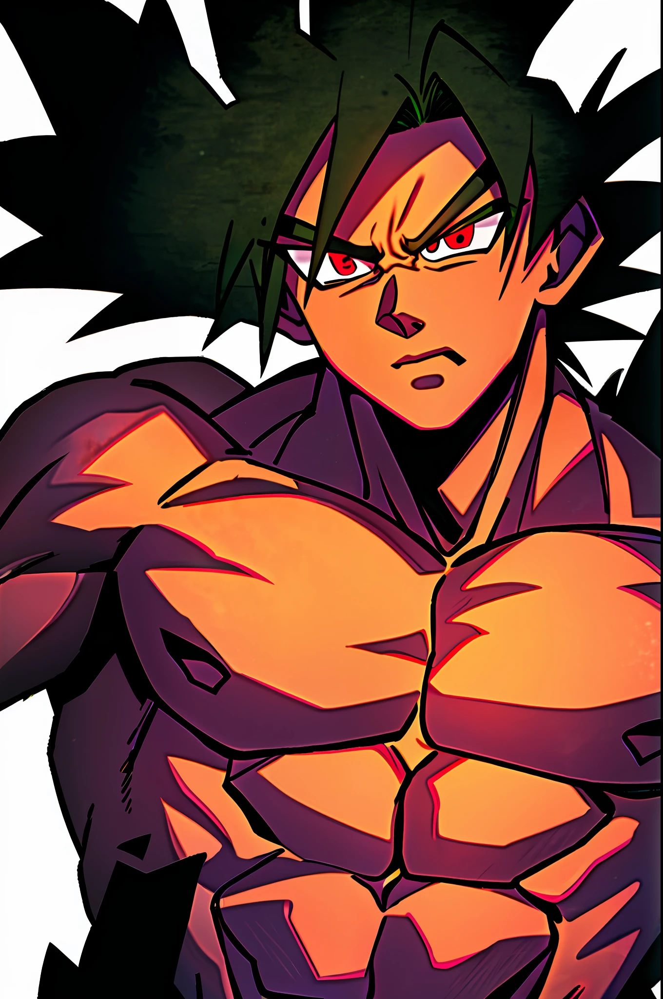 Guku black, 1boy, mouth closed, male focus, muscular, muscular male, rock, track, serious, solo, spiked hair, topless male, torn clothes, ultra instinct, red eyes, green hair, ((masterpiece))