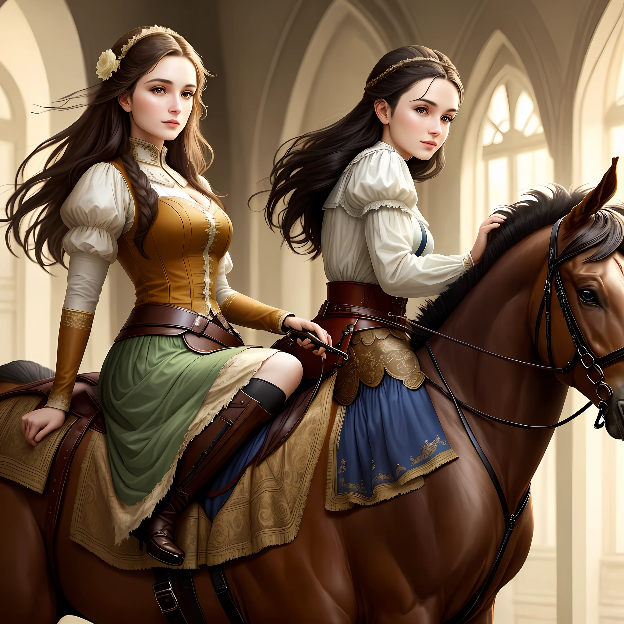 A beautiful woman, riding a horse,