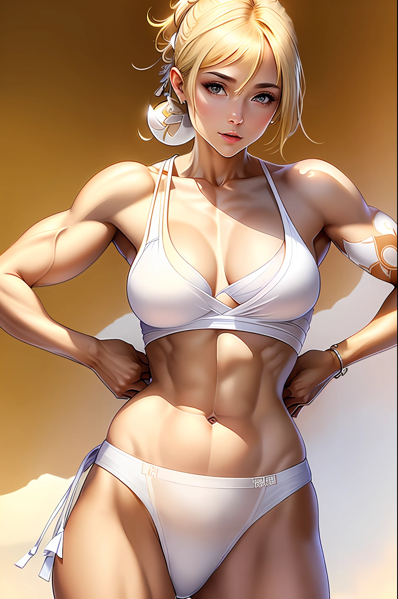 Masterpiece, best quality, highlight, 1 girl, blonde, body leaning forward, (white chest patch: 1.3), (white thighs: 1.3), (white thong: 1.3) bodybuilding, vest line, open belly, navel, open belly, feminine, sexy, muscular