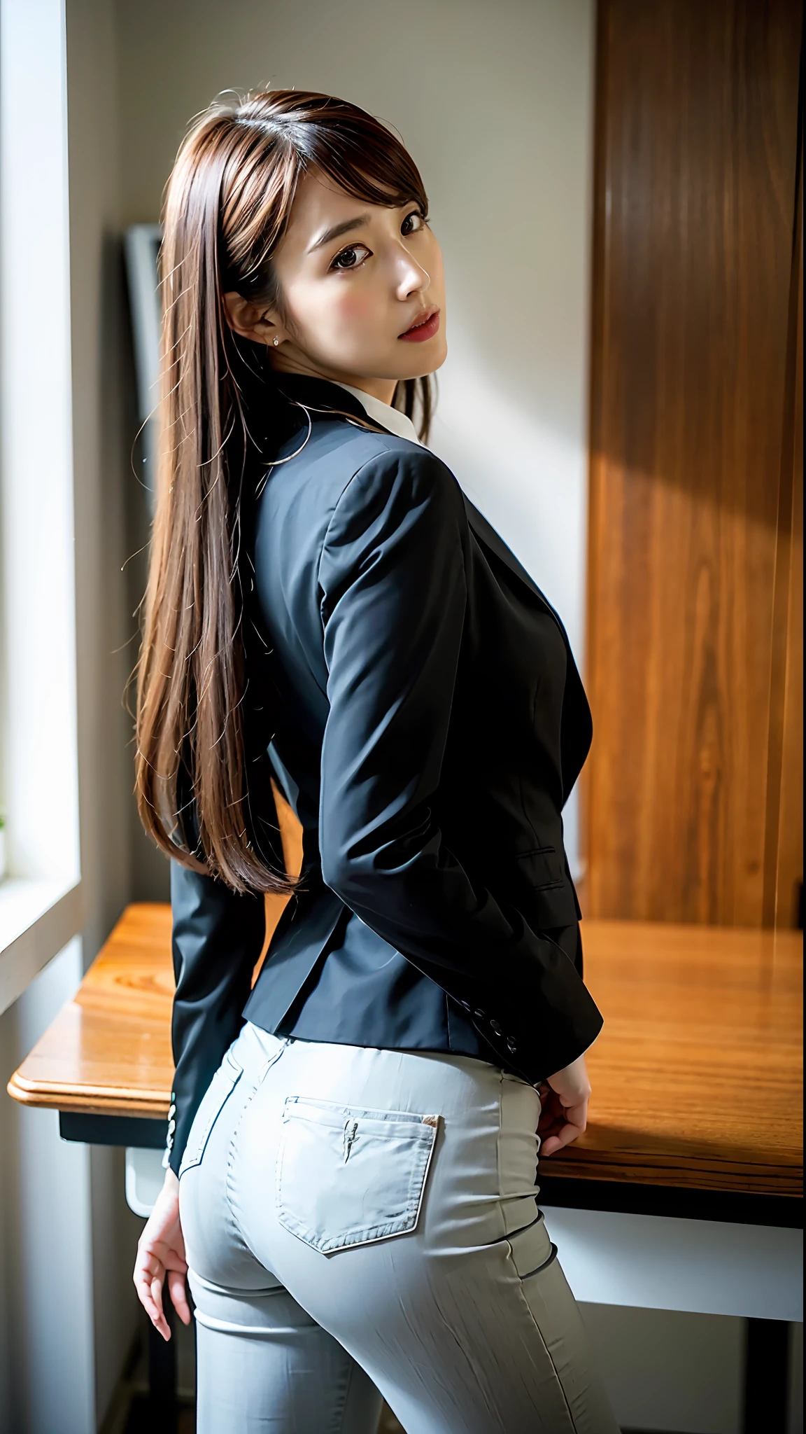 (Top Quality, 8k, 32k, Masterpiece, UHD: 1.2), 1 Girl, Beautiful Japan Woman, Thin Waist, Black Suit, White Shirt, Office Lady, Suit, Pants, From Back, Office, Desk, (Stick Out Butt: 1.2), Detailed Face, Long Hair, Brown Hair
