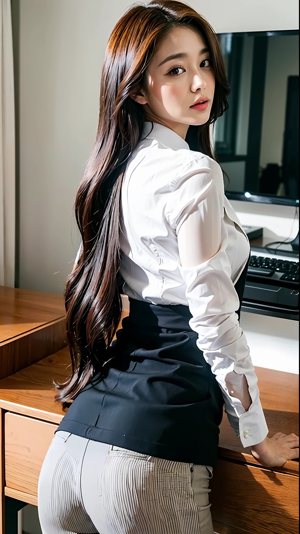 (Top Quality, 8k, 32k, Masterpiece, UHD: 1.2), 1 Girl, Beautiful Japan Woman, Thin Waist, Black Suit, White Shirt, Office Lady, Suit, Pants, From Back, Office, Desk, (Stick Out Butt: 1.2), Detailed Face, Long Hair, Brown Hair