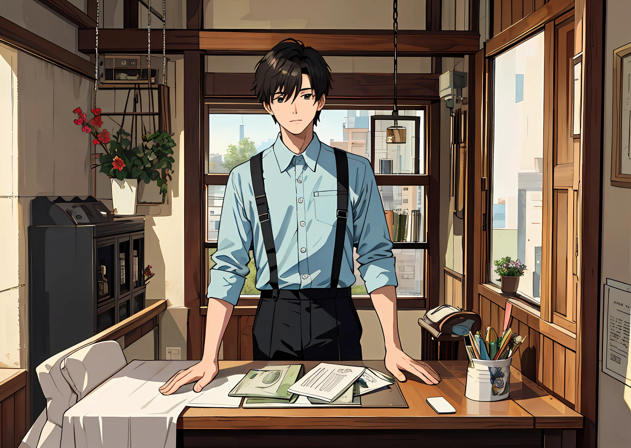 (Masterpiece, the best quality), a boy, put a bag of money on the table, high quality