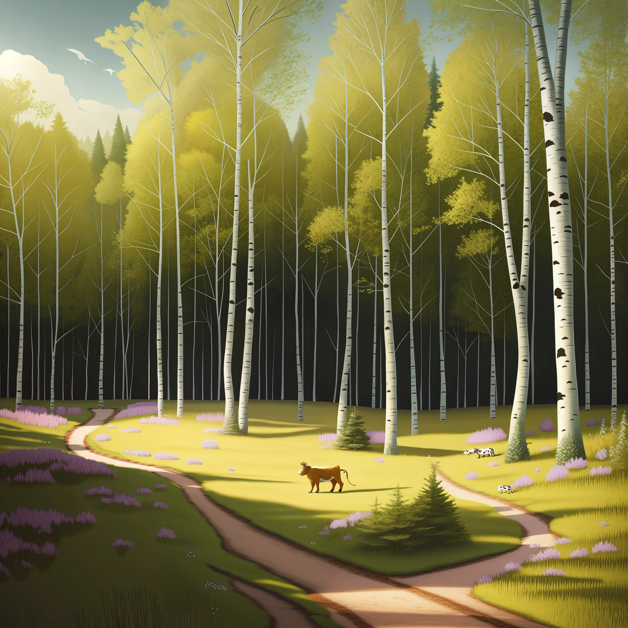 painting of a cow walking through a forest with a path, birch forest clearing, meadow in the forest, forest clearing landscape, lush pastoral woodland scene, lion in a meadow with hornbeam, inspired by Gediminas Pranckevicius, matte digital painting, soft forest background, at a forest. digital art, soft digital painting, inspired by Igor Kieryluk