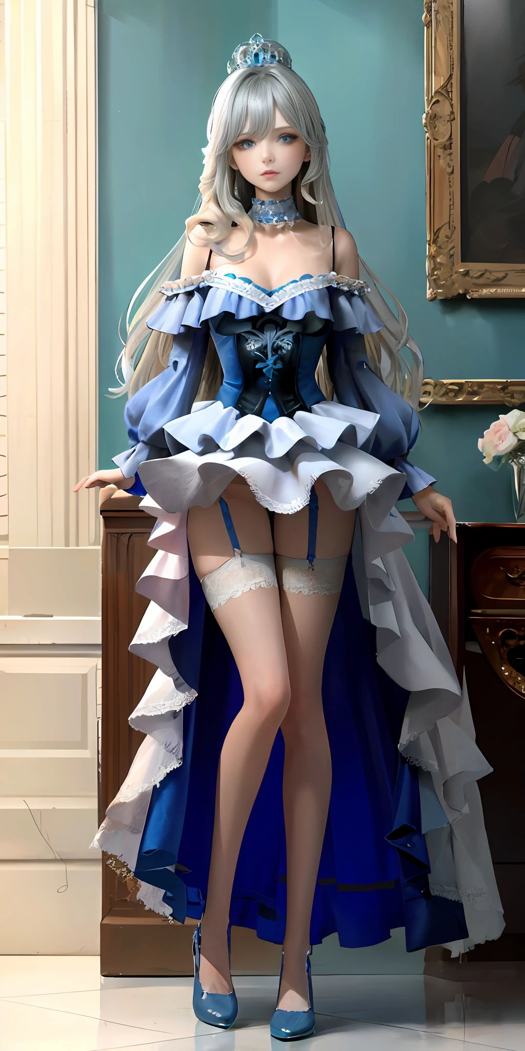 [blue:aqua:0.65] theme, masterpiece, a girl's masterpiece, detailed visual art, blue eyes, light blonde hair, long hair, collarbone, royal princess, elegant, gorgeous quinceanera corset, detailed layered skirt, [detailed frills: 0.1], [frilled dress: 0.1], embroidery, [detail princess dress: 0.1], off-the-shoulder, big breasts: 1.3, open crotch, thigh seam, garter belt, groin, [NSFW| uncensored], (simple background: 1.1), low-winged, full-body