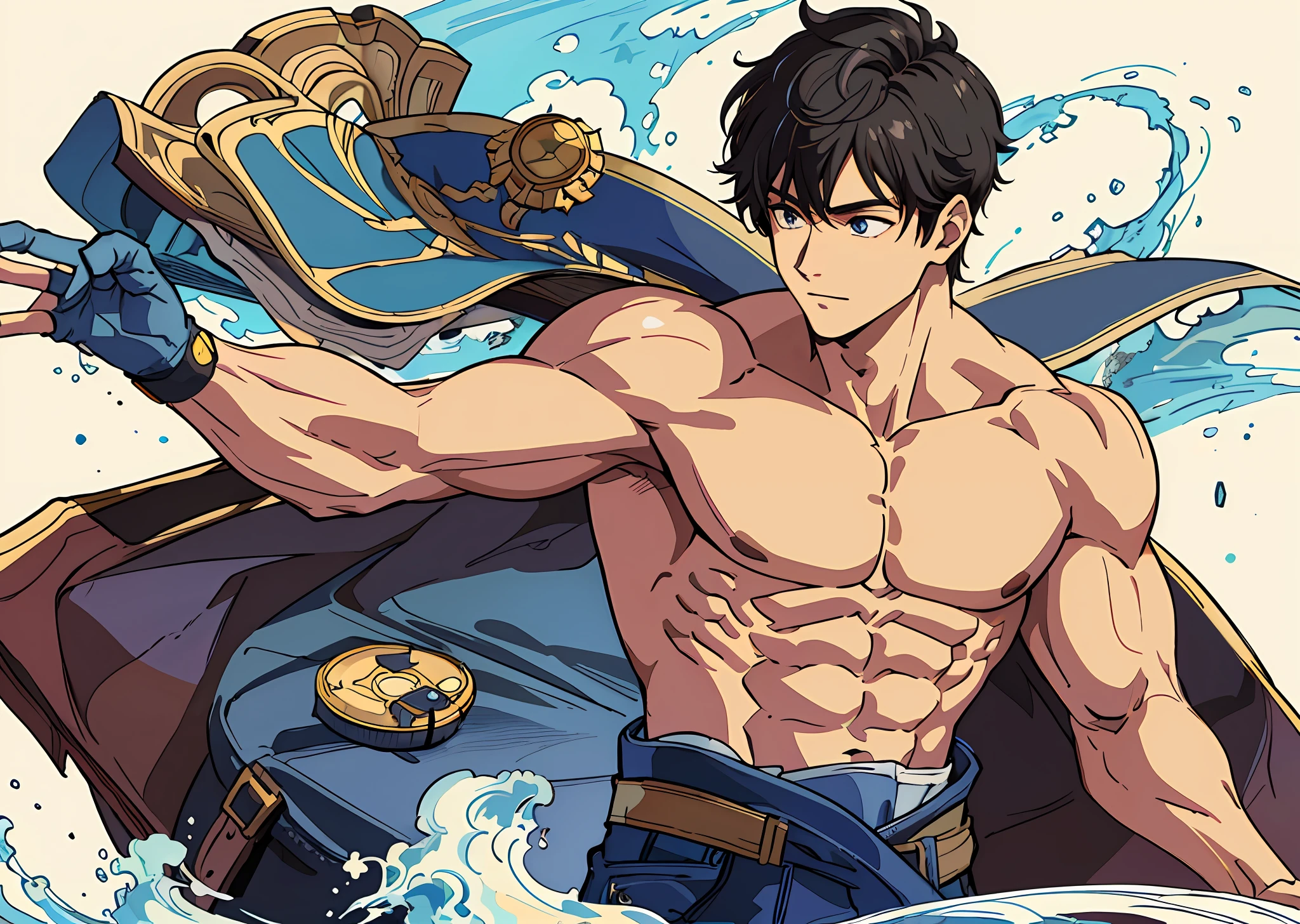 (Masterpiece, the best quality), a boy, high quality, muscular, happy, resting, good arms, good hands, detailed hands, big thighs, big chest