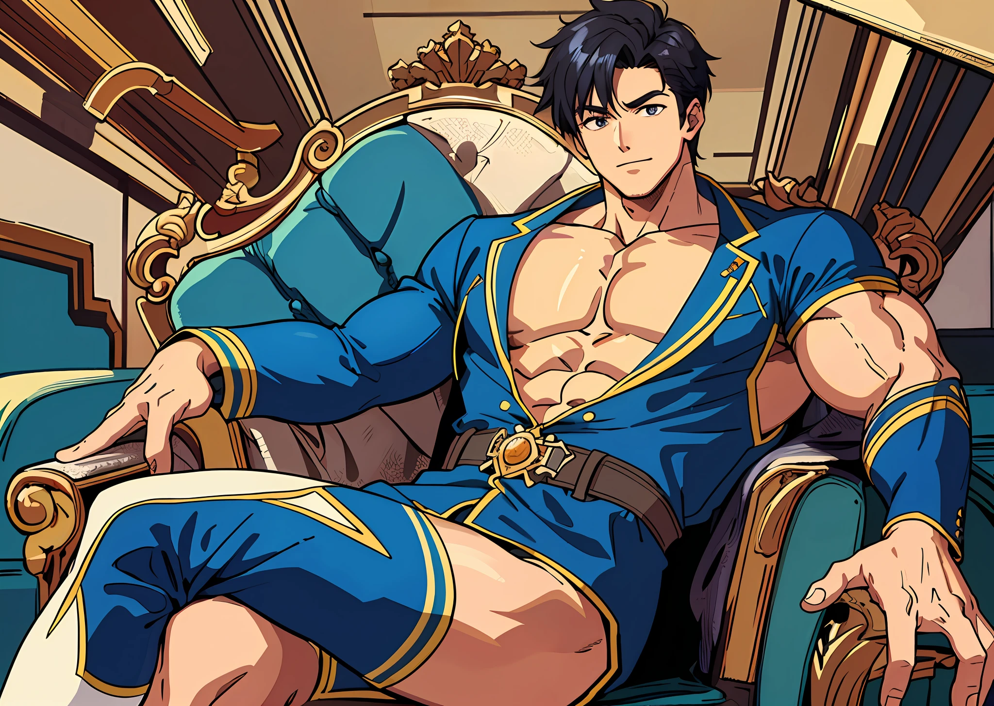 (Masterpiece, the best quality), a boy, high quality, muscular, happy, resting, good arms, good hands, detailed hands, big thighs, big chest