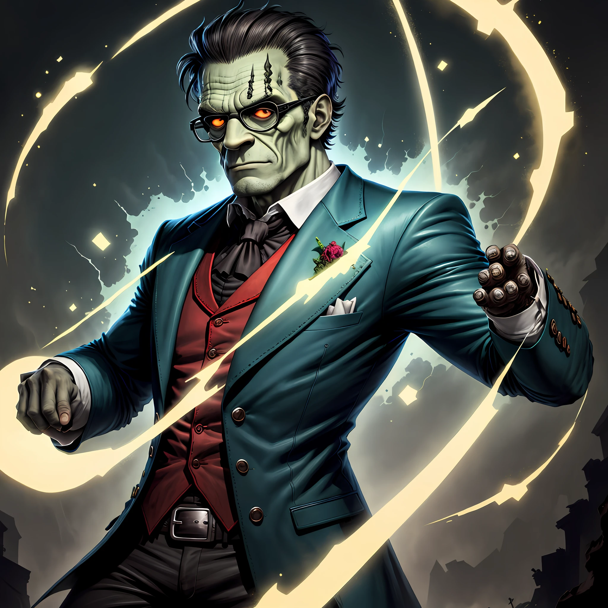 Frankenstein Monster, glasses, dark background, (high quality)