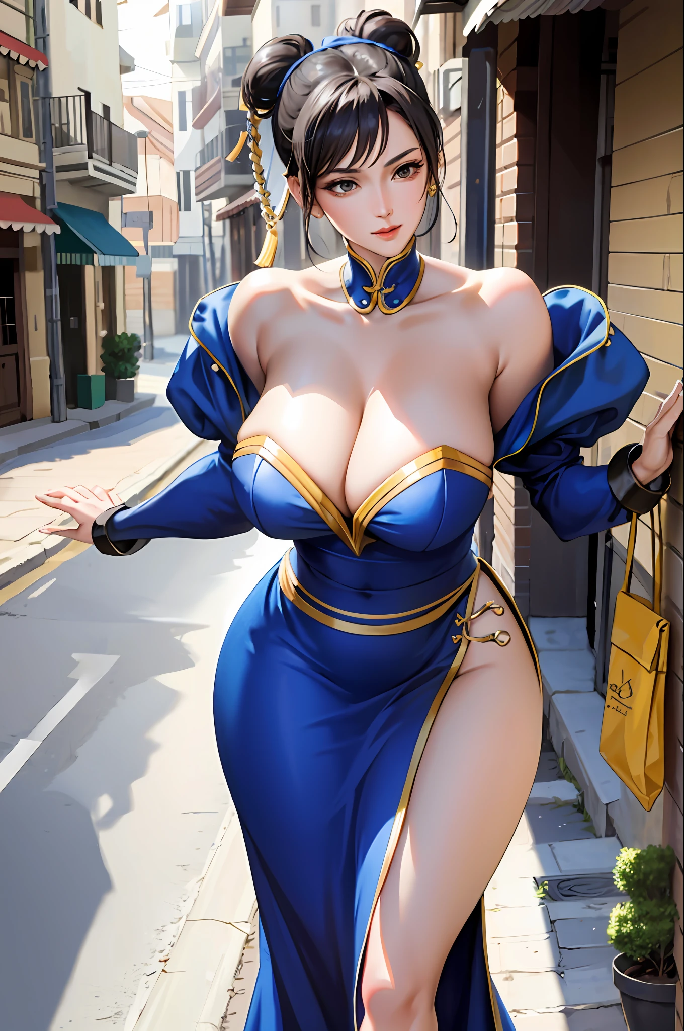 A tall and beautiful mature woman with a confident expression, showing her thighs and shoulders, plump body, big breasts, ball head, human wife, standing in the alley, Chun Li.