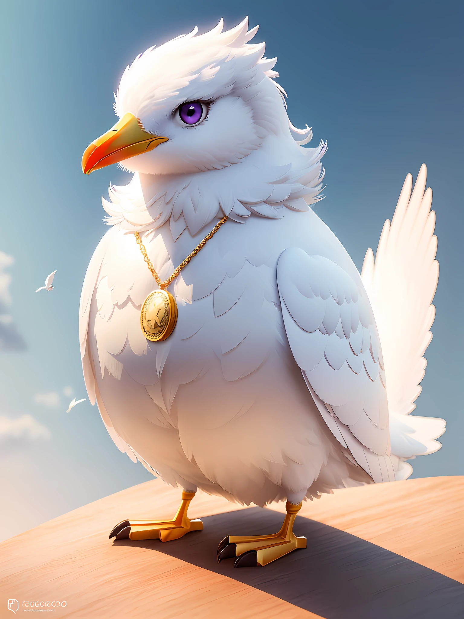 Hyper-realistic white seagull, purple eyes, wearing a gold coin necklace, cute and fluffy, bird's claw, logo design, cartoon, cinematic lighting effects, charming, 3D vector art, cute quirky, fantasy art, background blur, hand drawn, digital painting, soft lighting, isometric style, 4K resolution, realistic rendering, highly detailed clean, vector images, realistic masterpieces, professional photography, simple space background, flat white background, isometric, vibrant vector