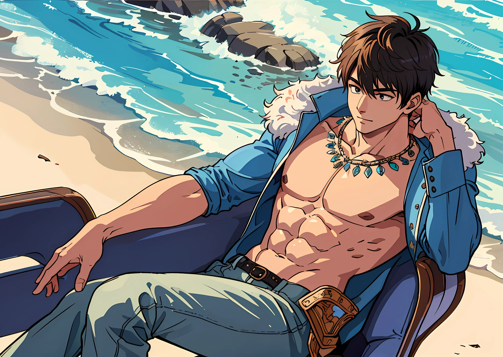(Masterpiece, the best quality), a boy, high quality, muscular, happy, resting, good arms, good hands, detailed hands, big thighs, big chest