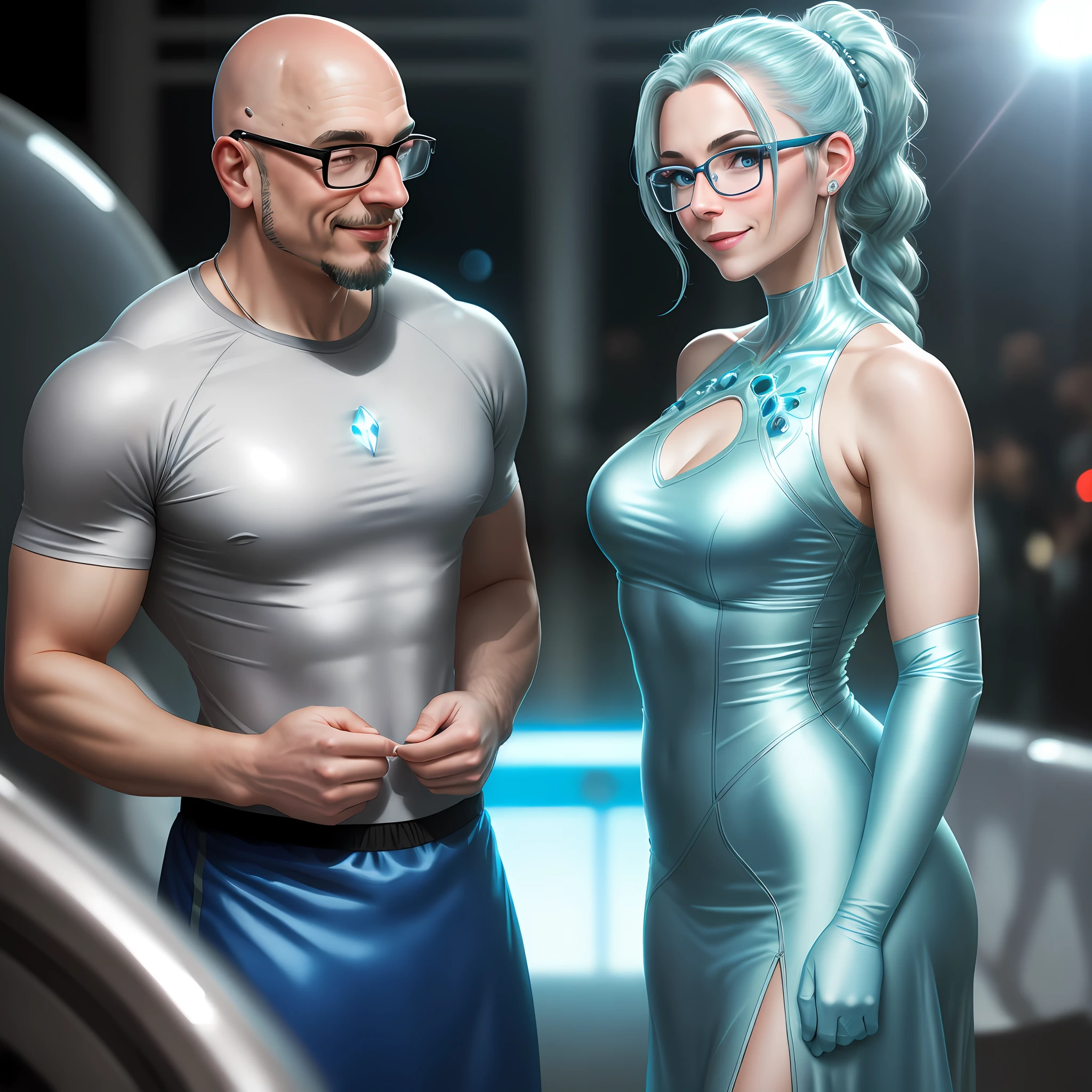 a beautiful day, happy couple, bright sunny day, profile picture, by Lee Loughridge, 4 5 yo, close-up of a smiling woman with glasses in a silver and blue dress and a bald man with a goatee in gym clothes, best quality, masterpiece, upper body, (adult:1.6) Ukrainian woman, Laura Bailey, (smile:0.4), arms behind her back,  ponytail hair, aquamarine eyes, transparent cyberpunk open dress, suction cups, floating light particles, centered,