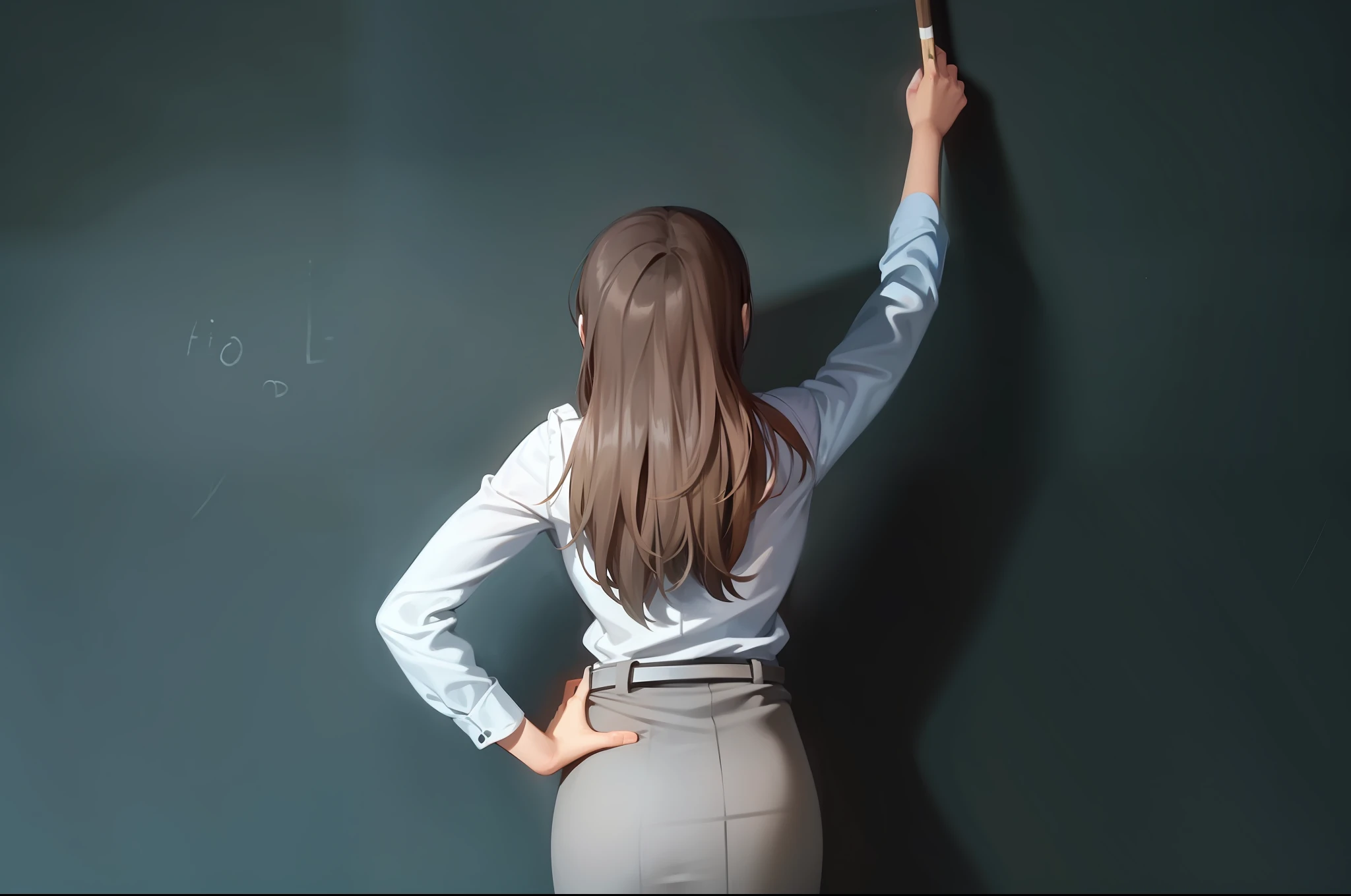 woman writing on a blackboard with a chalk stick, wearing a blouse, bend over posture, in a classroom, standing in class, blackboard in background, as a strict school teacher ), blackboard, showing her shoulder from back, chalkboard, wearing headmistress uniform, épaule devant pose, her back is to us, in a school classroom