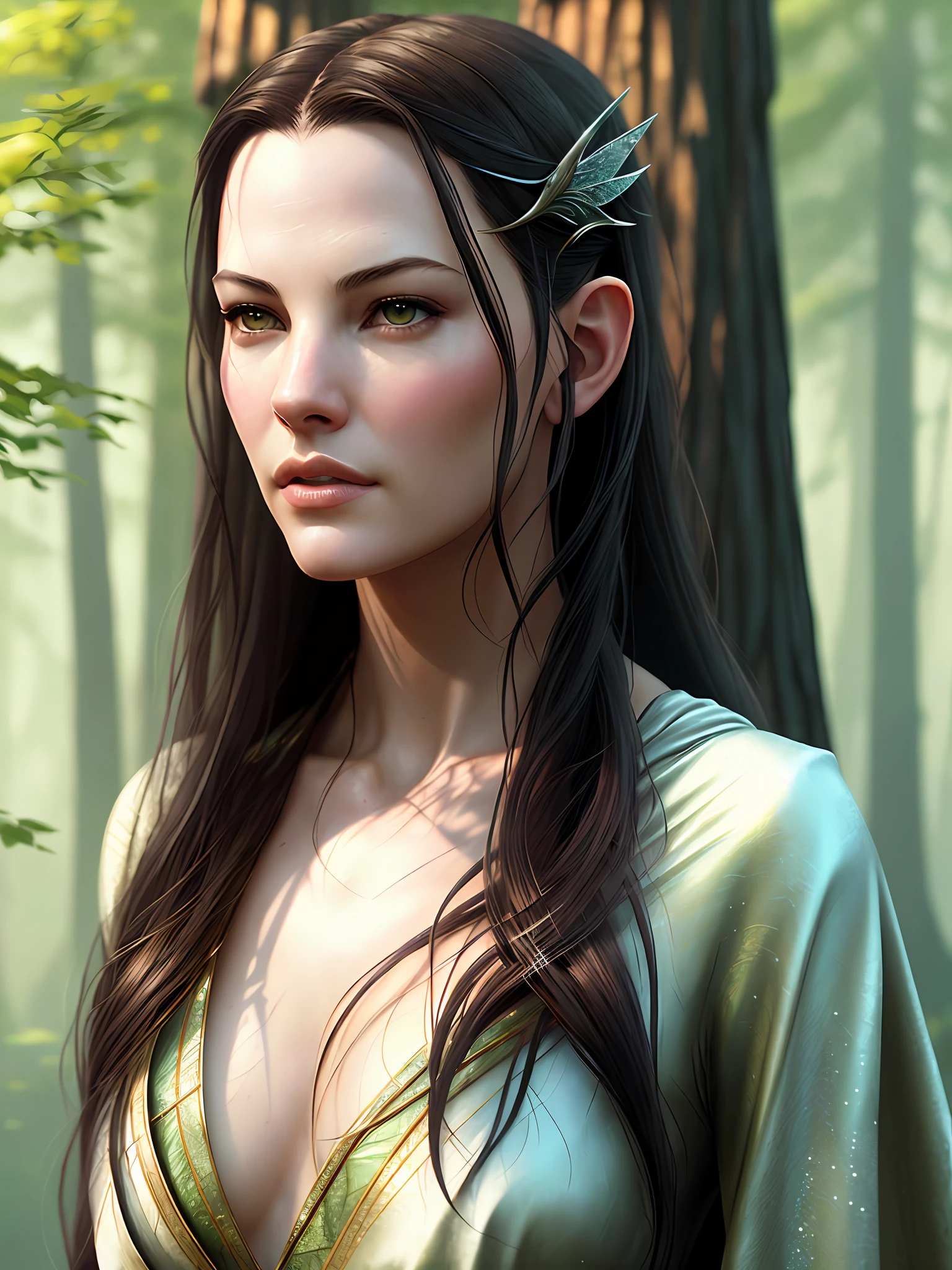 High detail RAW color art, animation, sharp chest, white skin, white skin, ((Liv Tyler as Arwen from LOTR in sequoia forest)), portrait, elf ears, ((cartoon style)), ((lord of the rings)), (shy), mystical, elegant, beautiful face, violet silk dress, elven forest,
(detailed skin, skin texture), elf,
magical atmosphere, (muscle), (detailed skin, skin texture), intricately detailed, fine details, hyperdetailed, raytracing, subsurface scattering, diffused soft lighting, shallow depth of field, by (Oliver Wetter)
Atey Ghailan, by Jeremy Mann, Greg Manchess, Antonio Moro, trending on ArtStation, trending on CGSociety, Intricate, High Detail, Sharp focus, dramatic, photorealistic painting art by midjourney and greg rutkowski, bokeh on background