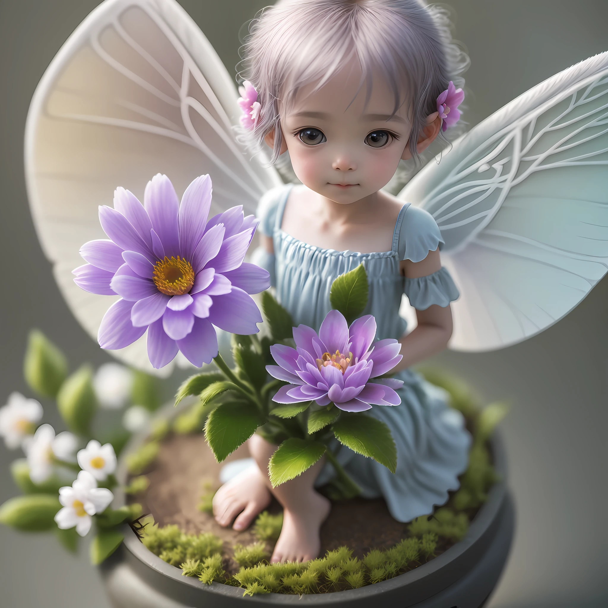 small fairy, plays on large tuberous, flowers in the background, high angel pov 120mm, macro shot, depth of field, soft front light, glow, HDR, (muted colors:1.2), Canon RF 100mm F2.8L Macro IS USM