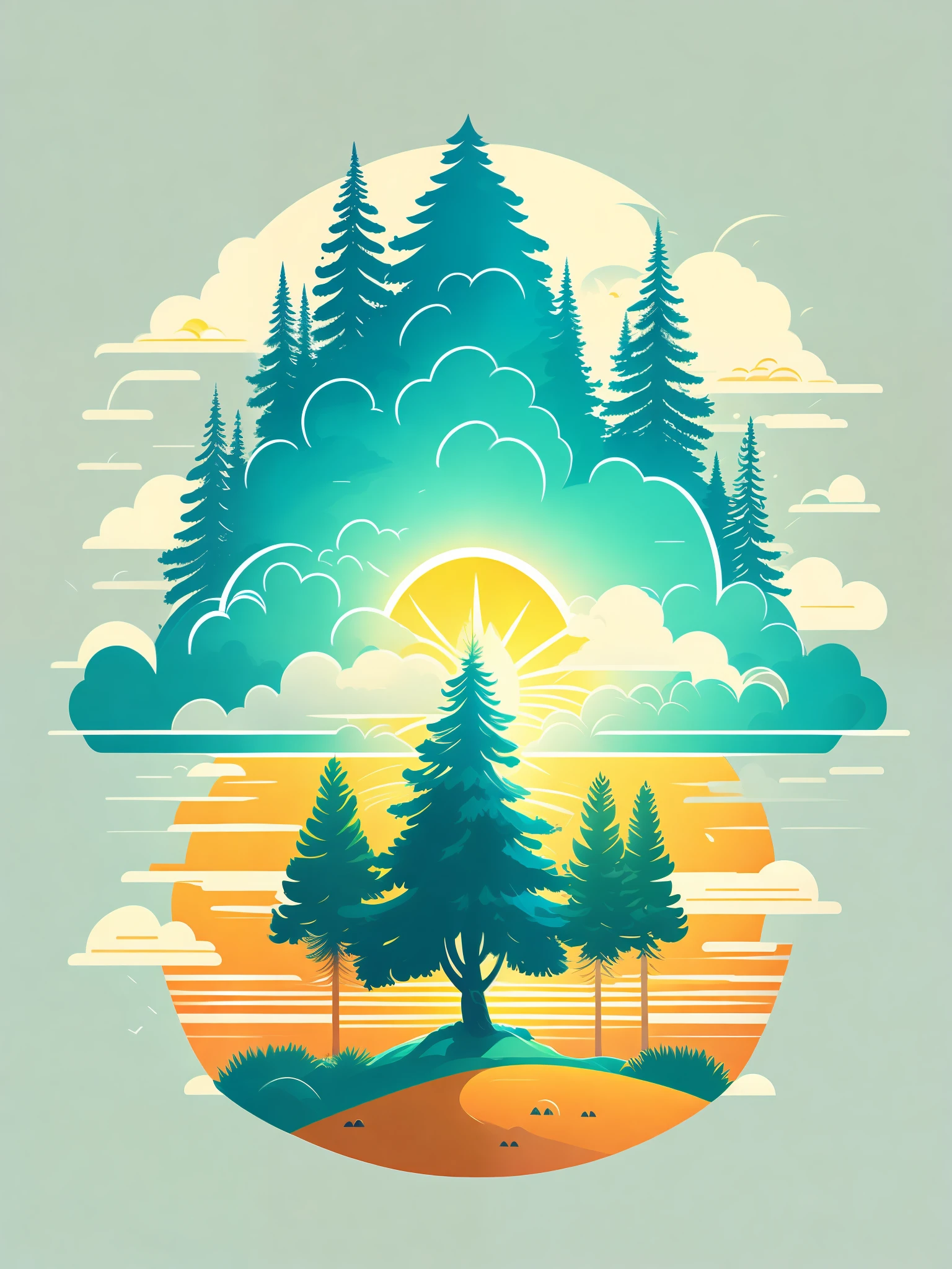 A spruce tree in summer landscape, sun, clouds, t-shirt design, rzminjourney, vector art