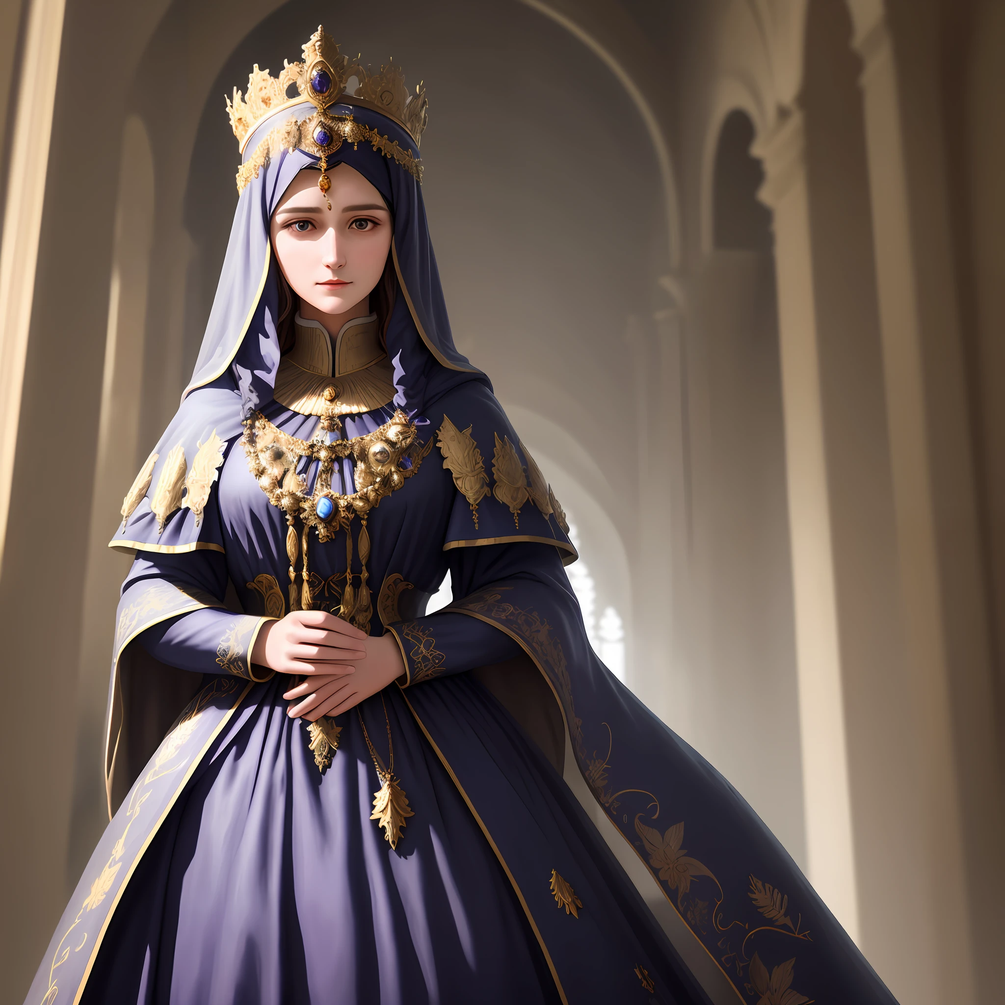 A hyper-realistic statue of Our Lady of Fatimapetrified, full body and well dressed with veil and two robes, navy blue and purple, composite clothes, with golden details, such as queen's robes, very old, ancient dust, and its expressions express deep joy. A background a hazy backdrop, soft and faded colors, to emphasize the seriousness of the scene, petrified birds, best quality, masterpiece, high resolution, 1 girl, porcelain dress, hair ornament, beautiful face, tyndall effect, photorealistic, dark studio, rim lighting, two-tone lighting,(highly detailed skin:1.2), 8k uhd, Dslr, soft lighting, high quality, volumetric lighting, sincere, photography, high resolution, 4k, 8k, Bokeh, full body.