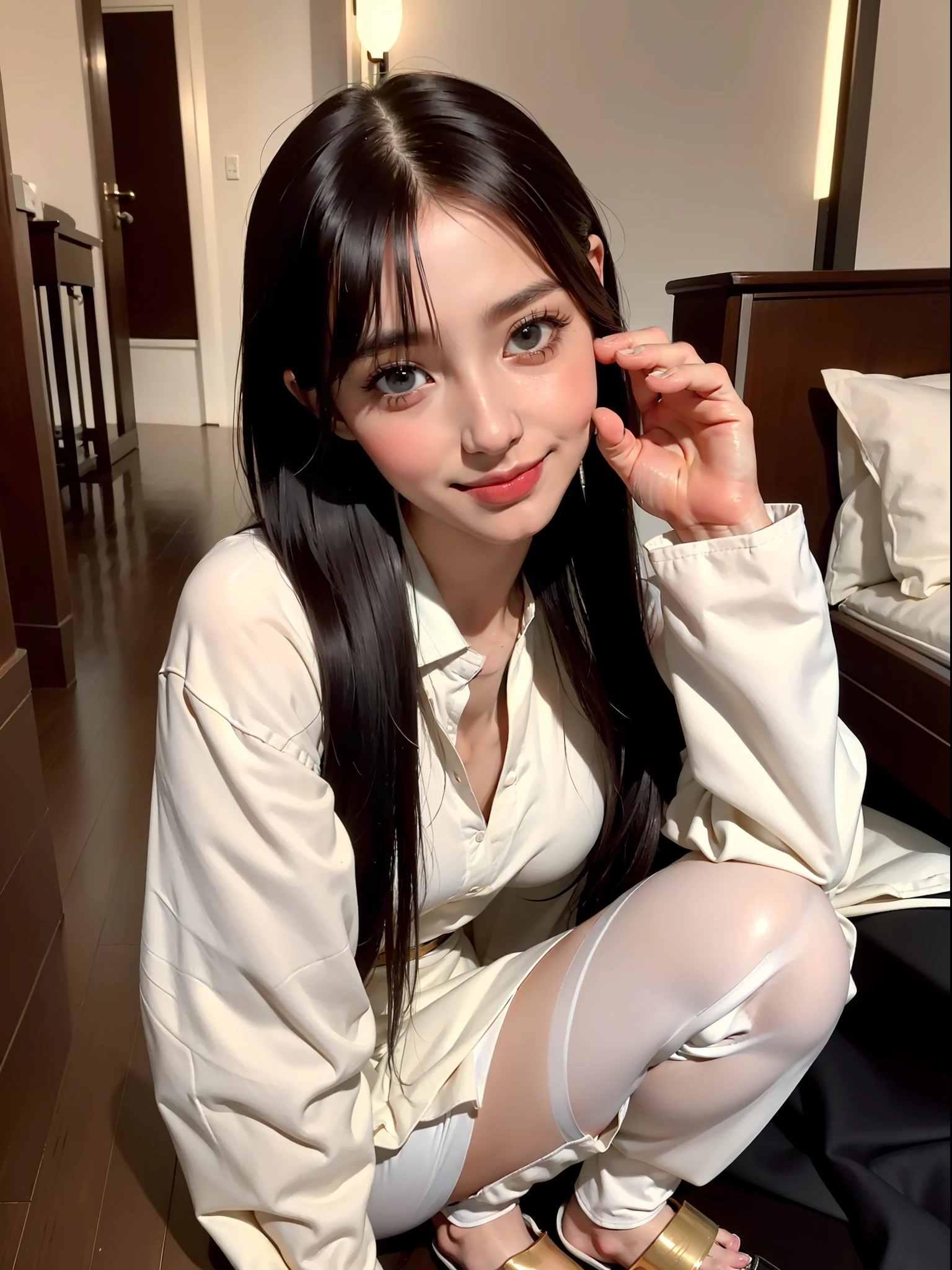 Highest quality, full body detail, golden ratio, (theater lighting: 0.7), masterpiece, viewer angle shot, cute smile, (Tanned italiana women)(cameltoe)(stiff nipple small cute breast), looking straight myteriously aroused, squating on the sea shores, spreading thighs, long black messy hair (wearing wet white shirt), sunset, curvy full body portrait, perfect face, amazing eyes, vivid details, (highly detailed skin), accent lighting, depth of field, old camera, conscious, digital grain, war photography, dogs perspective view angle photoshoot, from bottom to top