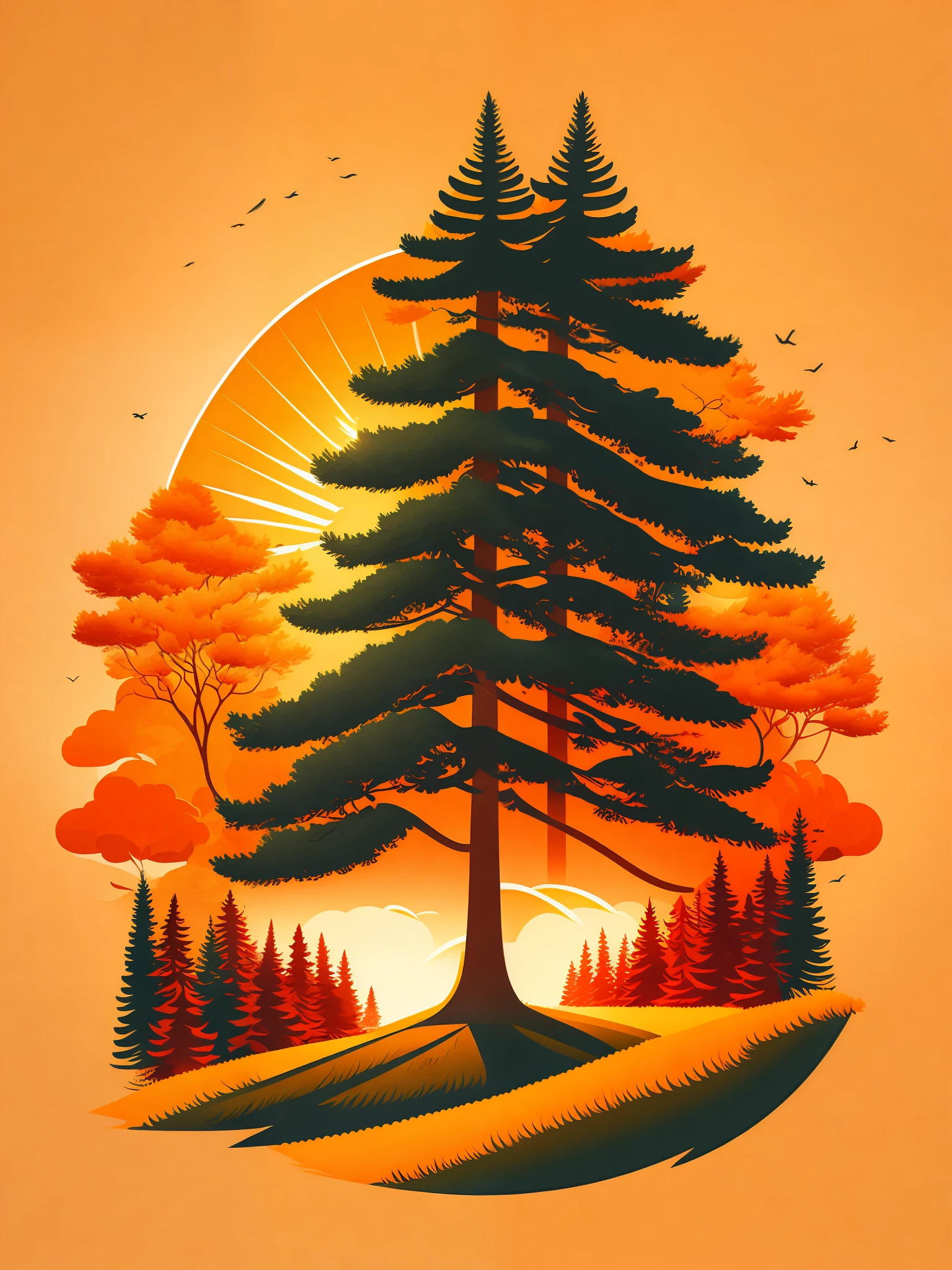A pine tree in autumn landscape, sun, t-shirt design, rzminjourney, vector art